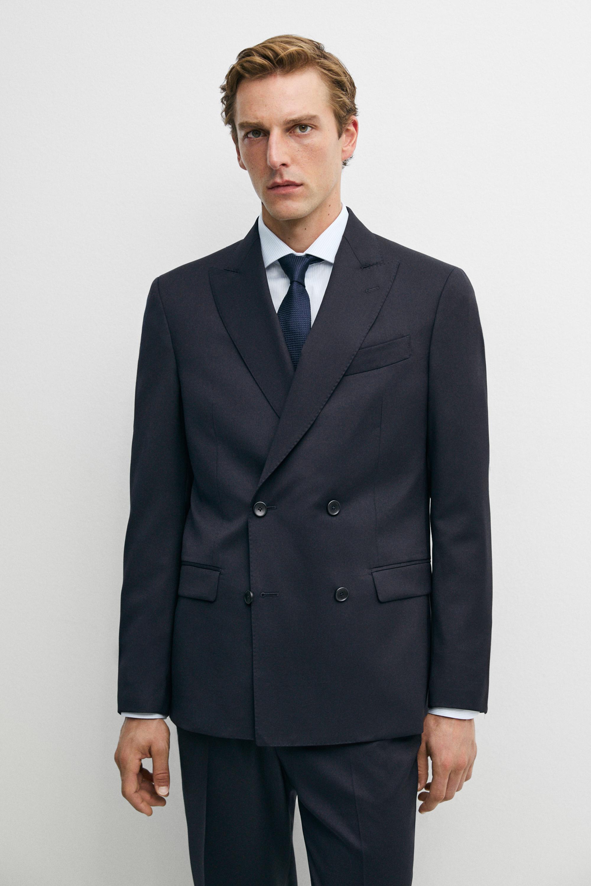 100% cool wool double-breasted suit blazer — NAVY BLUE