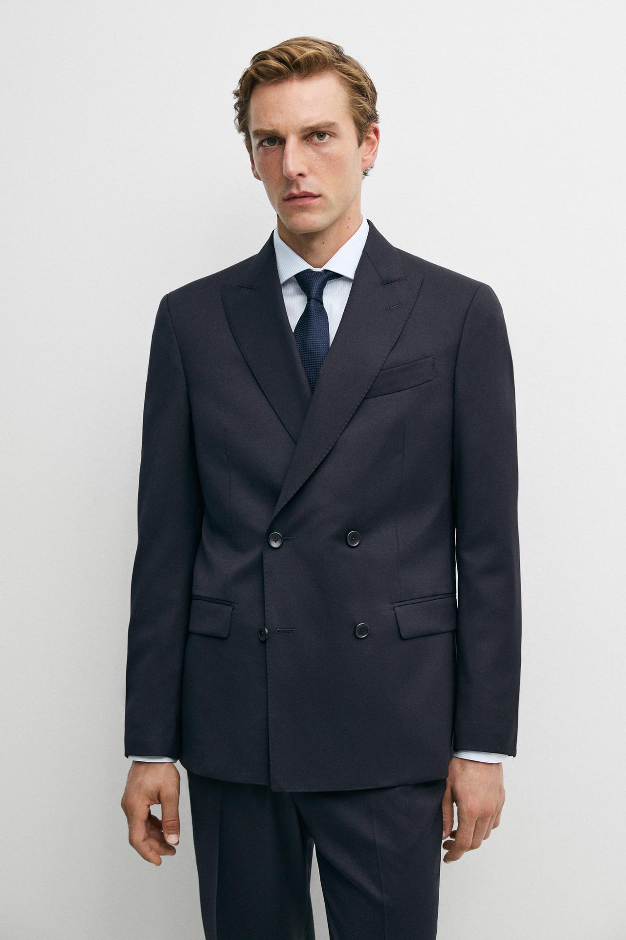 100% cool wool double-breasted suit blazer — NAVY BLUE