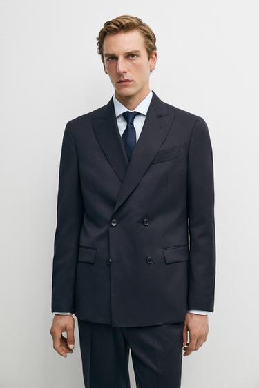 100% cool wool double-breasted suit blazer — NAVY BLUE 3