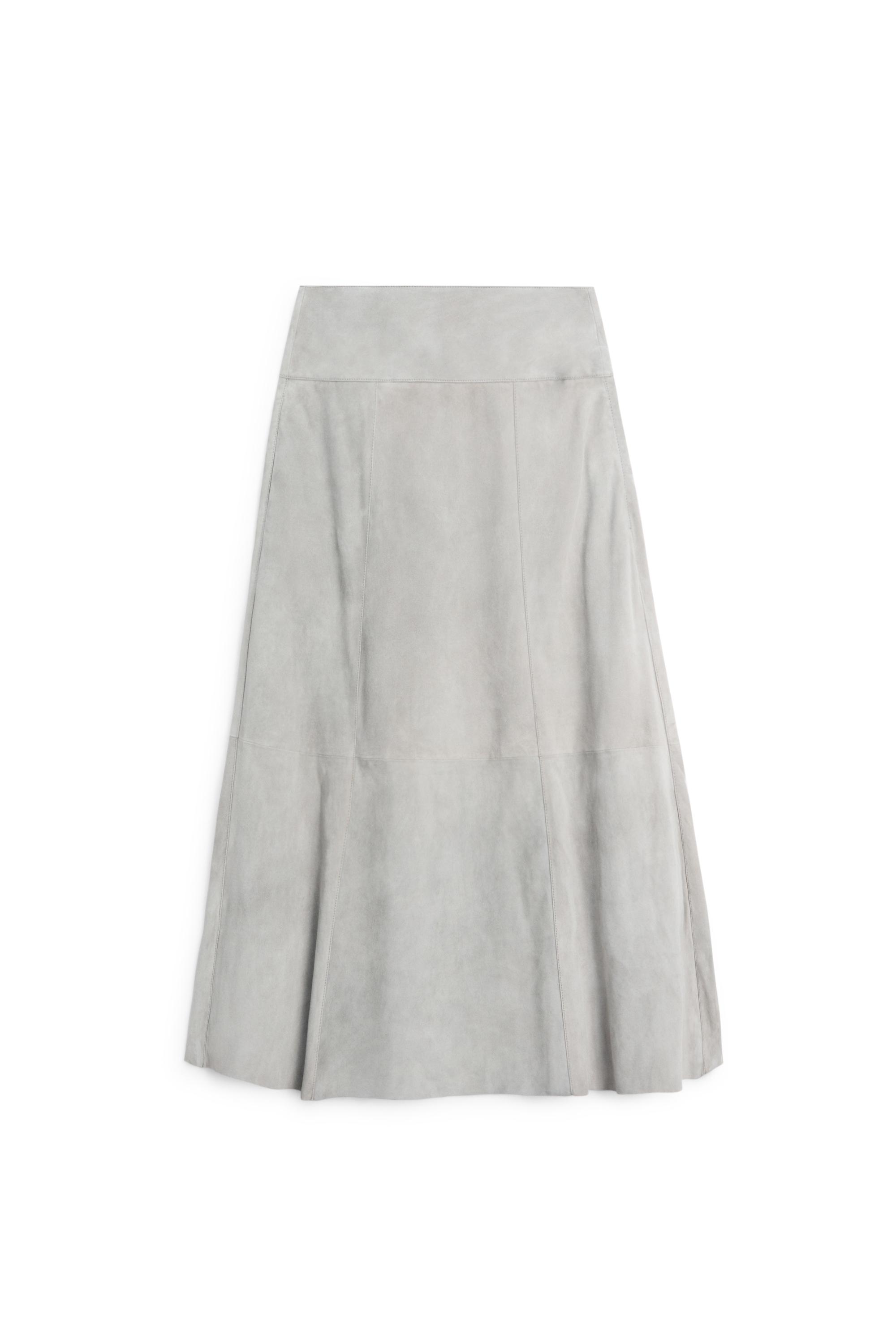 Suede flared midi skirt with sash — BLUISH GREY