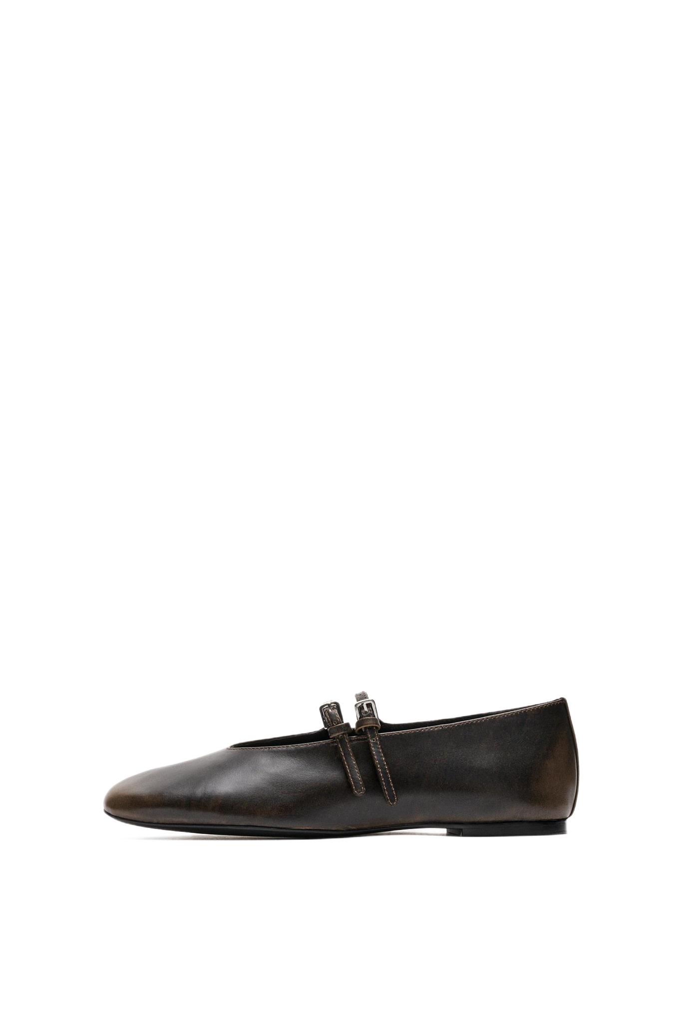 Double-strap leather ballet flat — BROWN