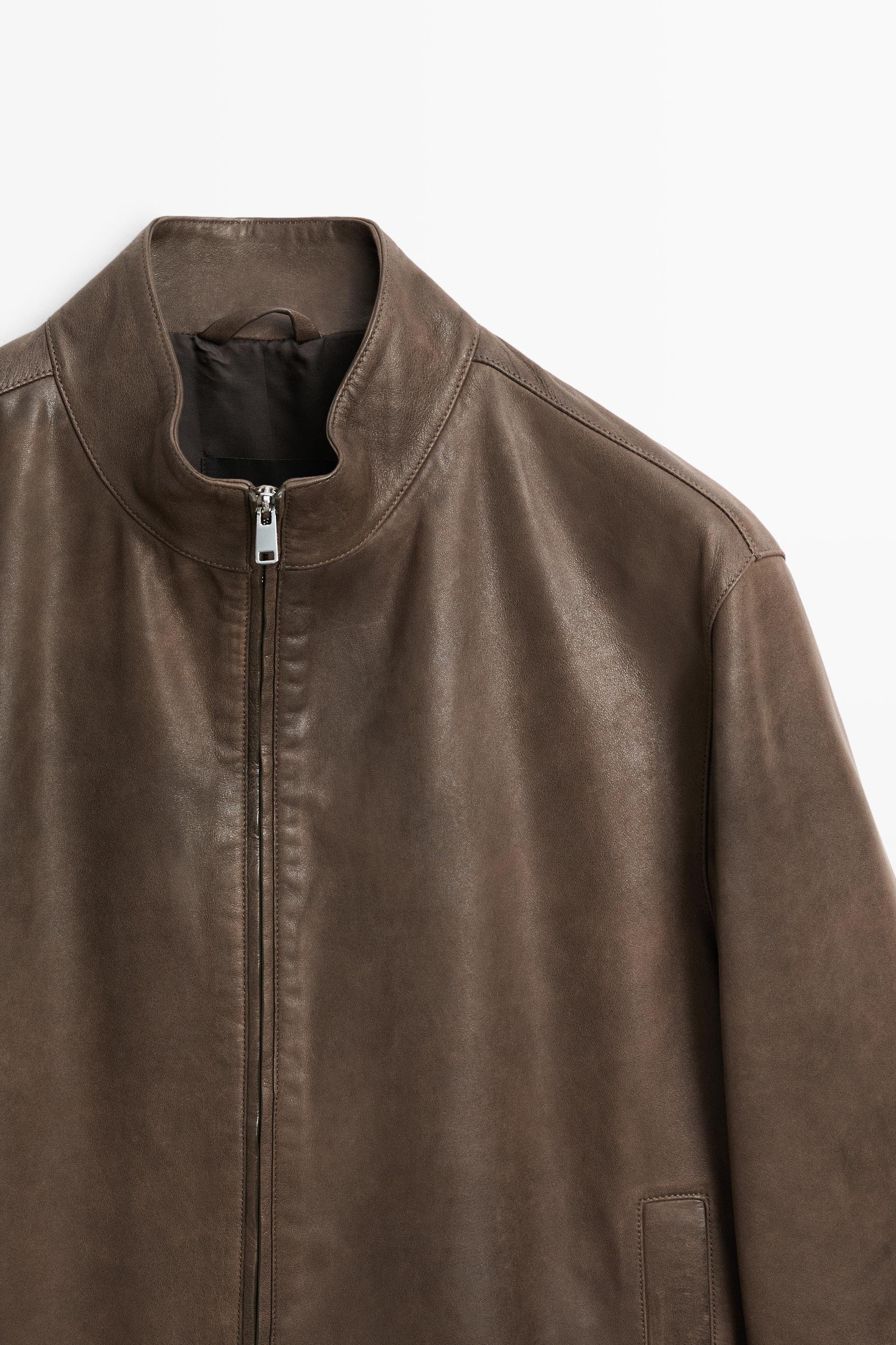 Nappa leather jacket with collar detail — Khaki