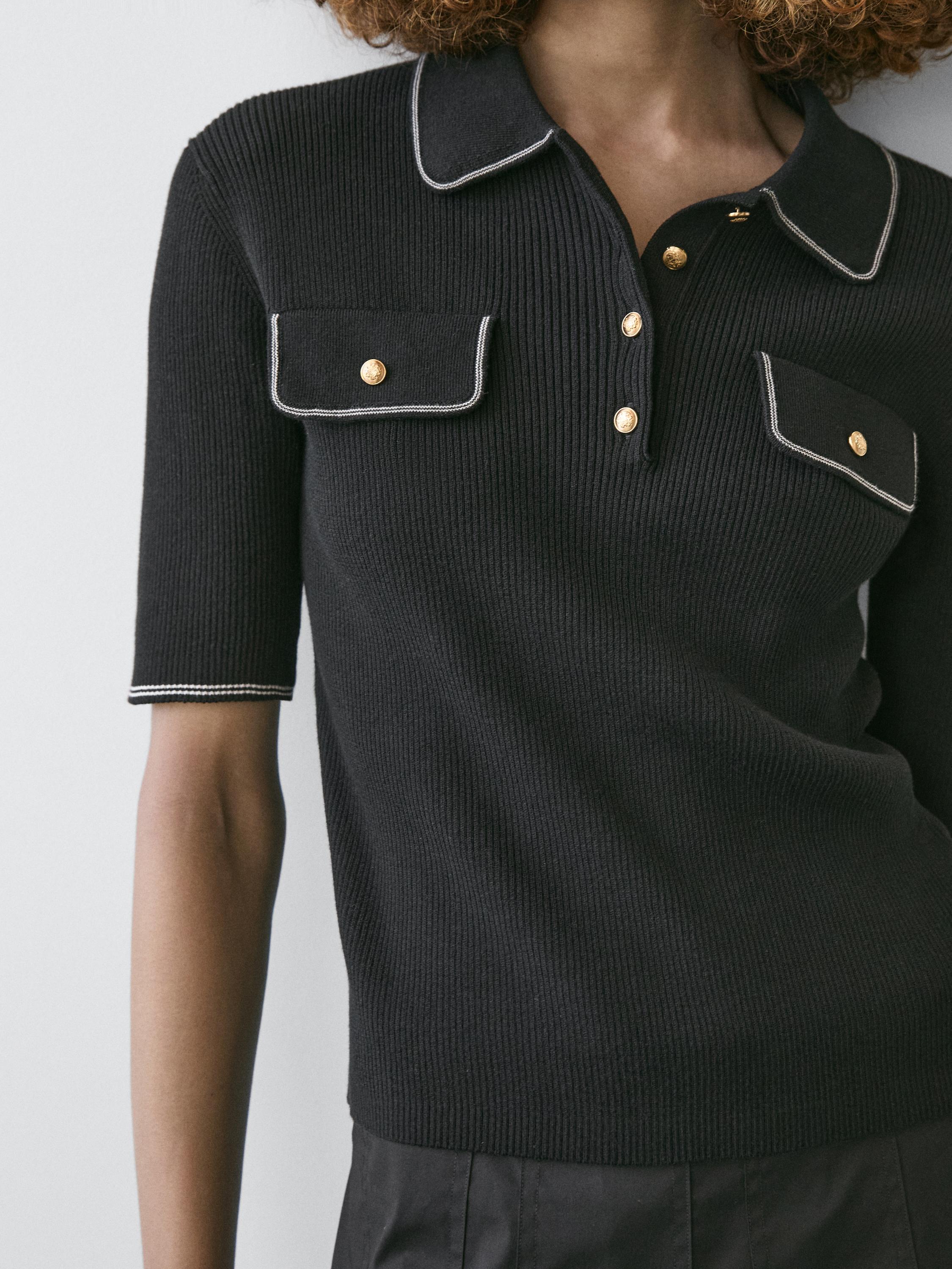 Cotton knit polo shirt with contrast detail — BLACK