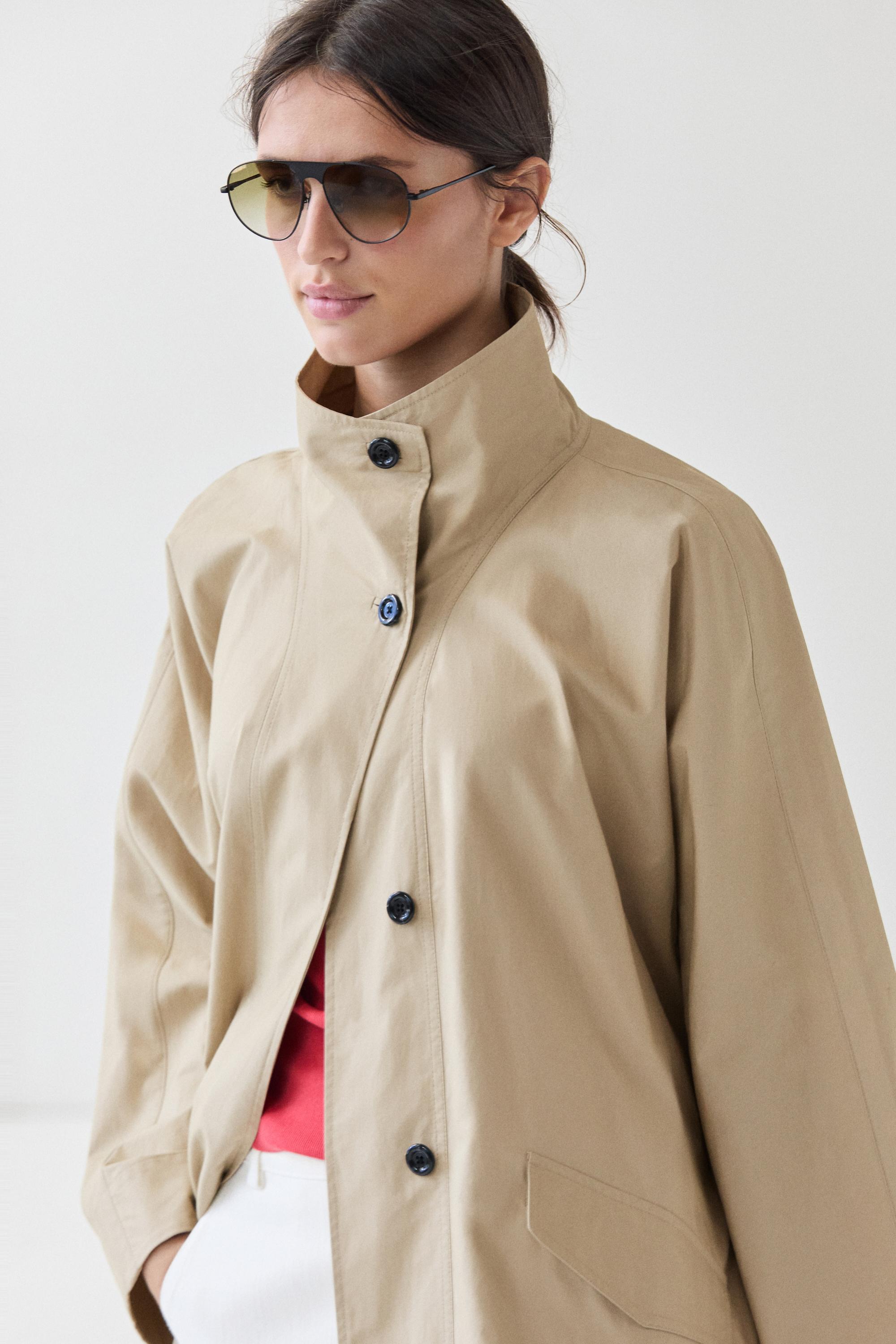 100% Cotton High-Neck Trench Coat — Light Beige