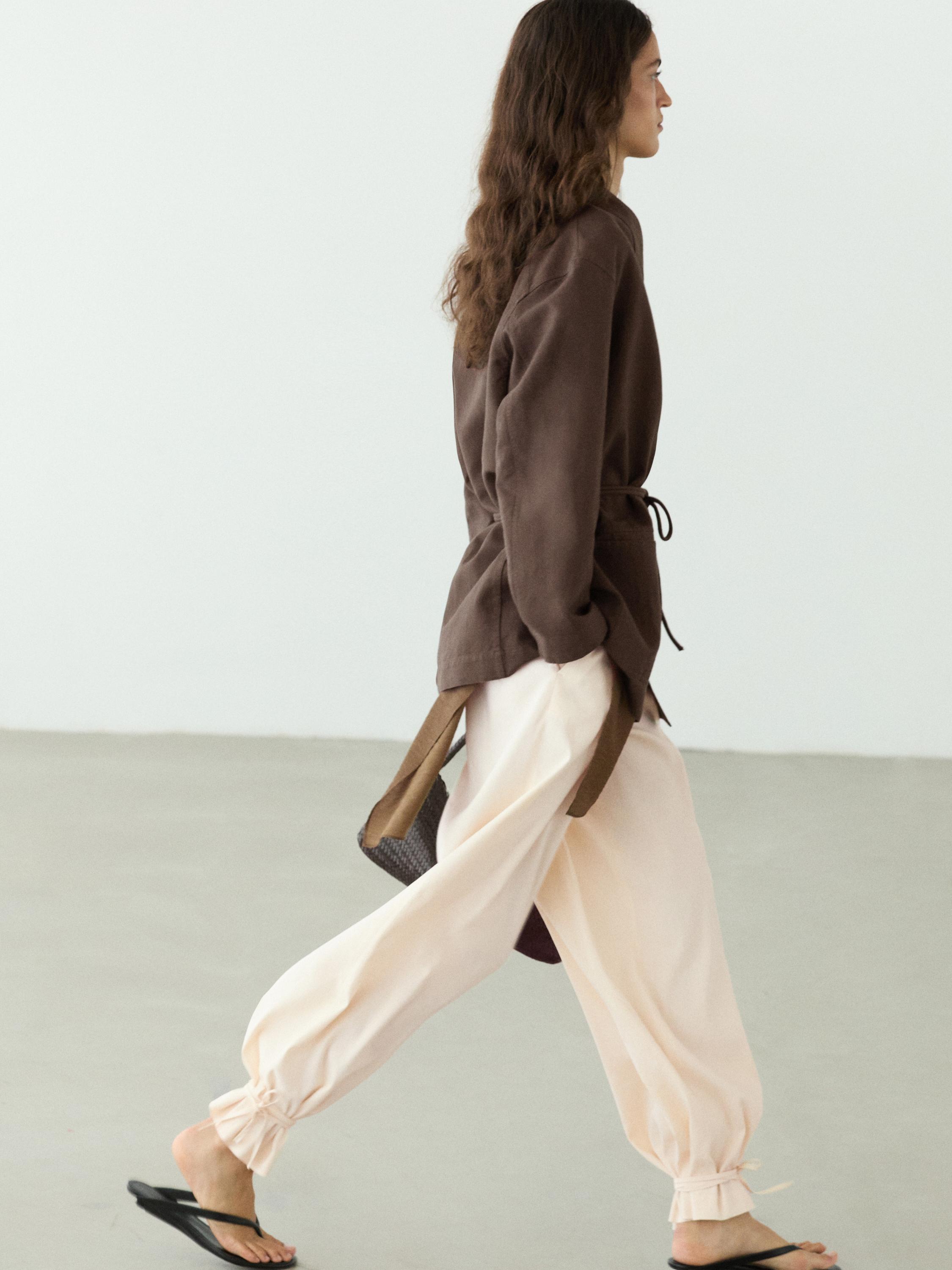 Linen blend kimono jacket with tie detail — Chocolate