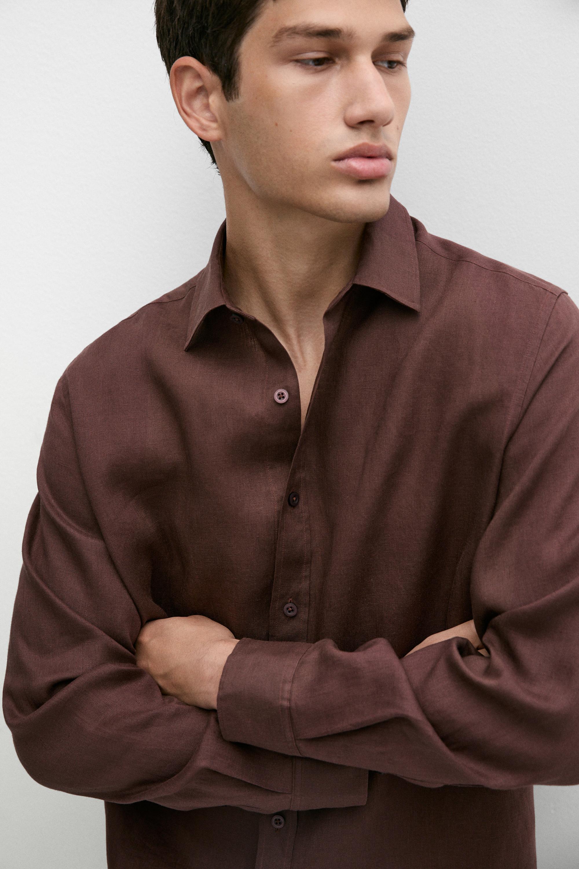 Slim fit 100% linen shirt — DARK MAROON
