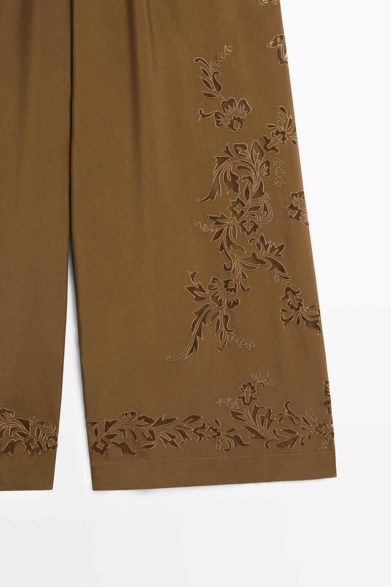 Flowing wide-leg pants with embroidery details — KHAKI
