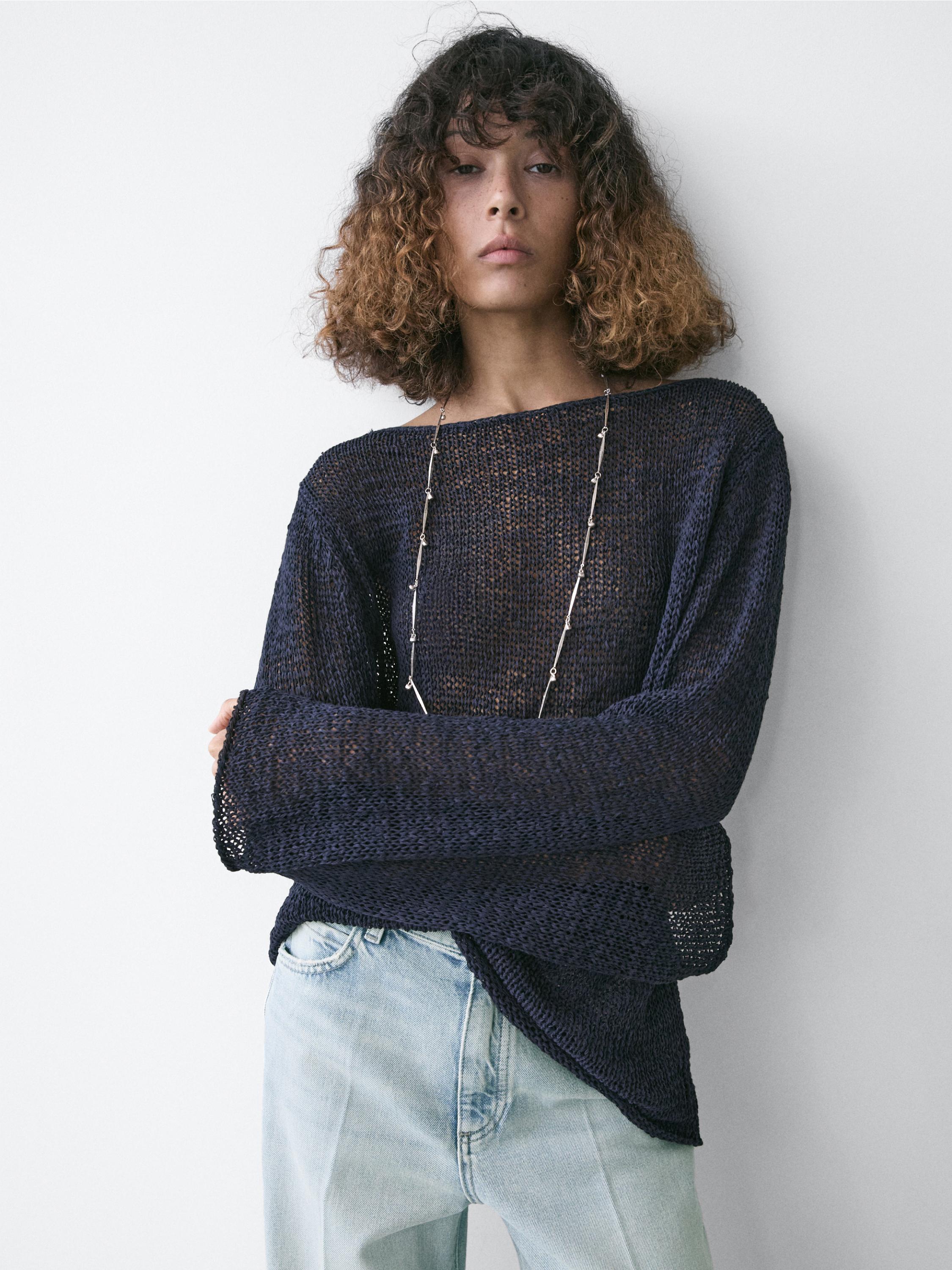 Cotton blend knit boat neck sweater — Dark Blue