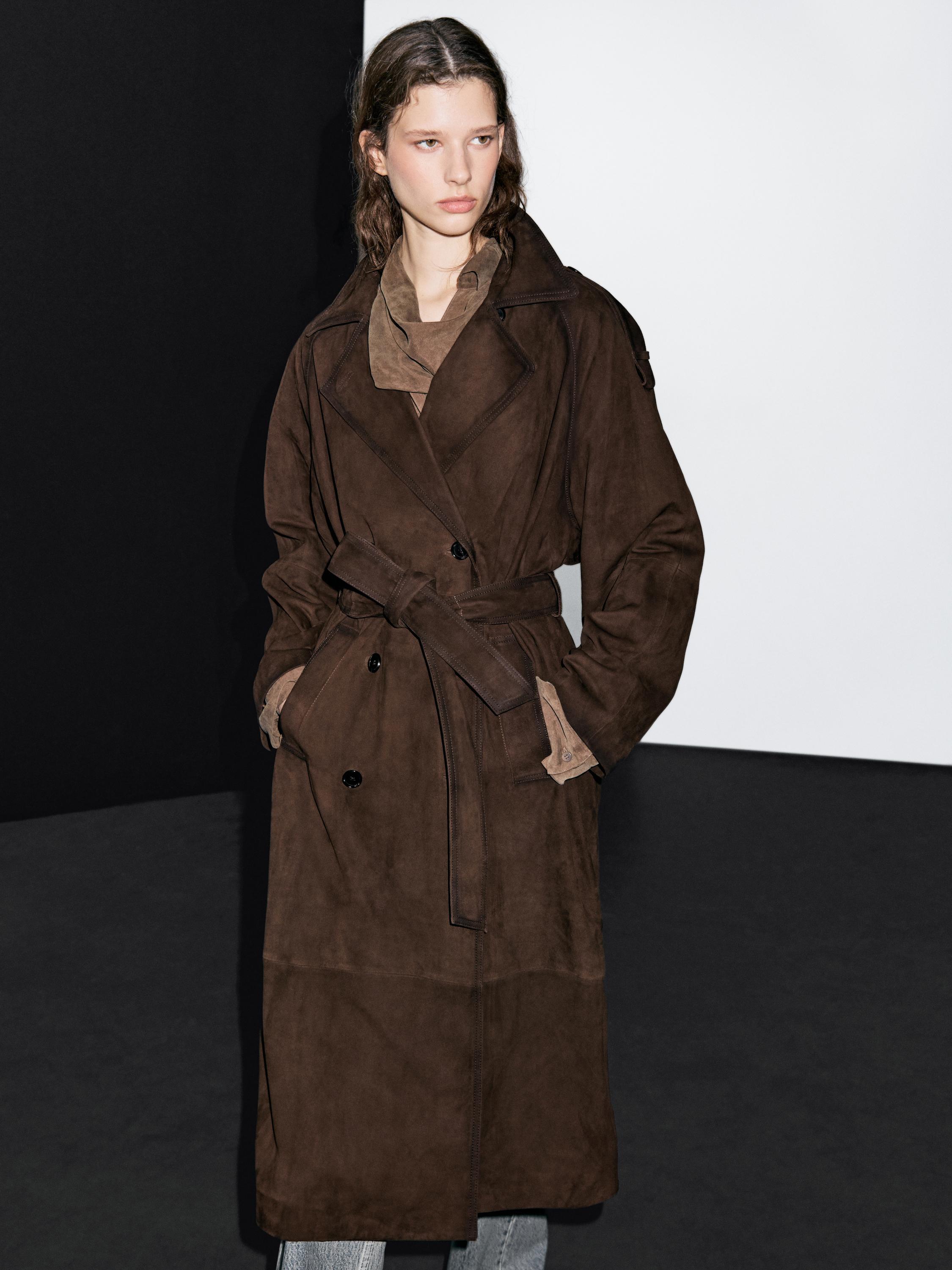 Long suede leather trench coat
