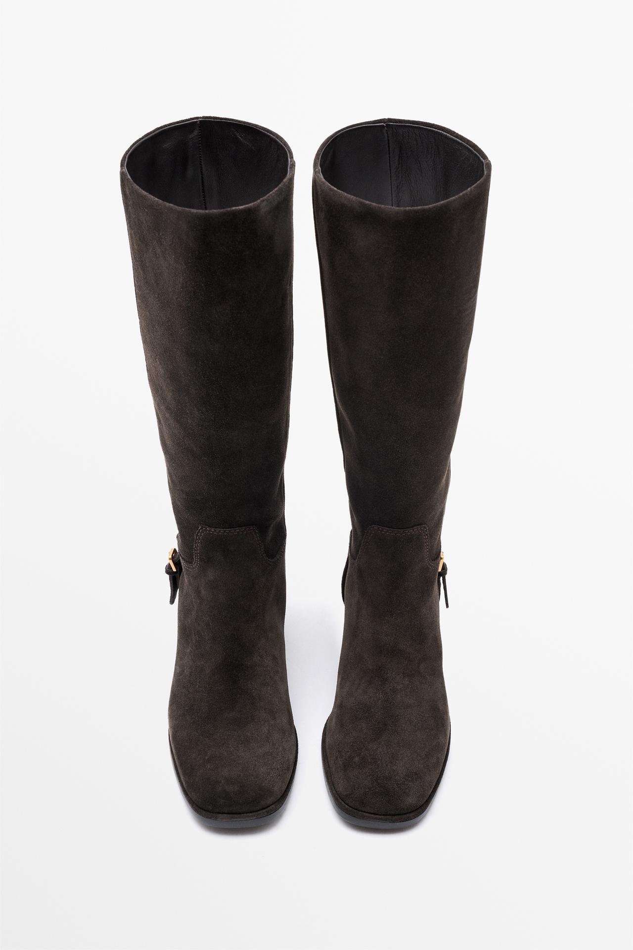 Flat split suede leather knee-high boots with side buckle — BROWN
