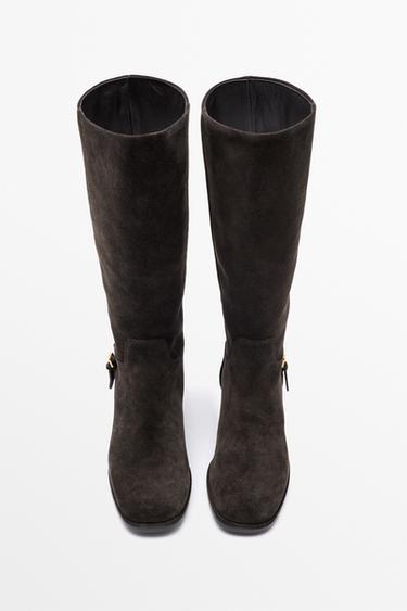 Flat split suede leather knee-high boots with side buckle — BROWN 3