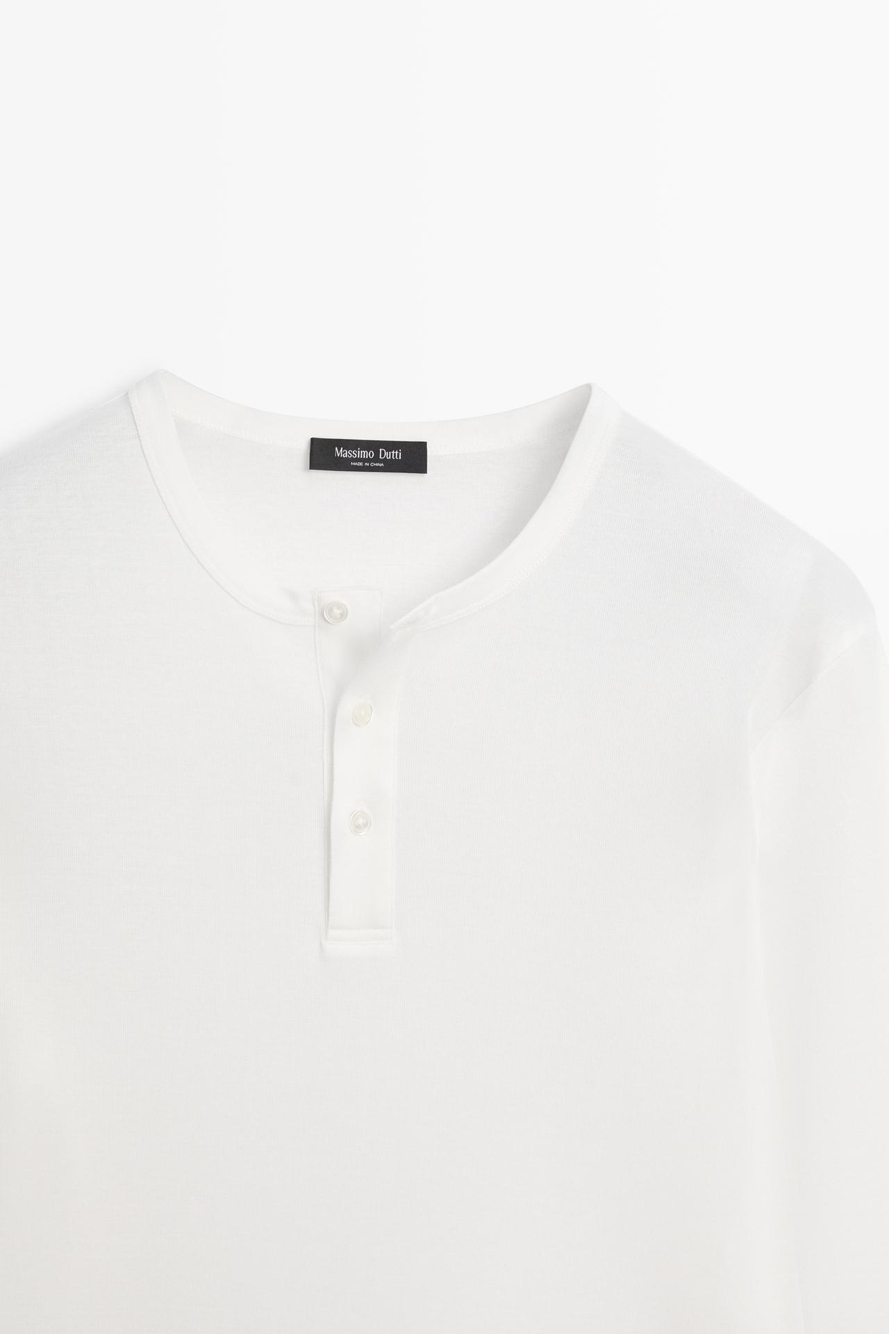 100% cotton long sleeve henley T-shirt — WHITE