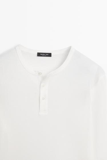 100% cotton long sleeve henley T-shirt — WHITE 4