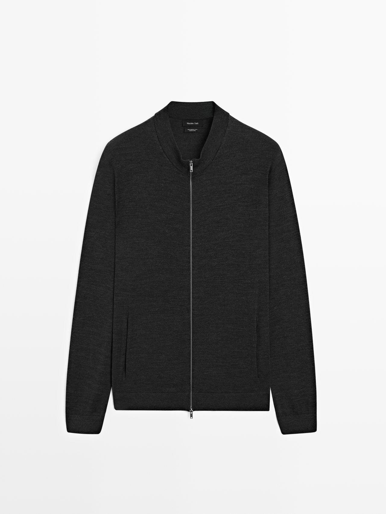 Massimo Dutti - Herre - Cardigan I 100 % Merinould Med Lynlåslukning - Kulgrå - M