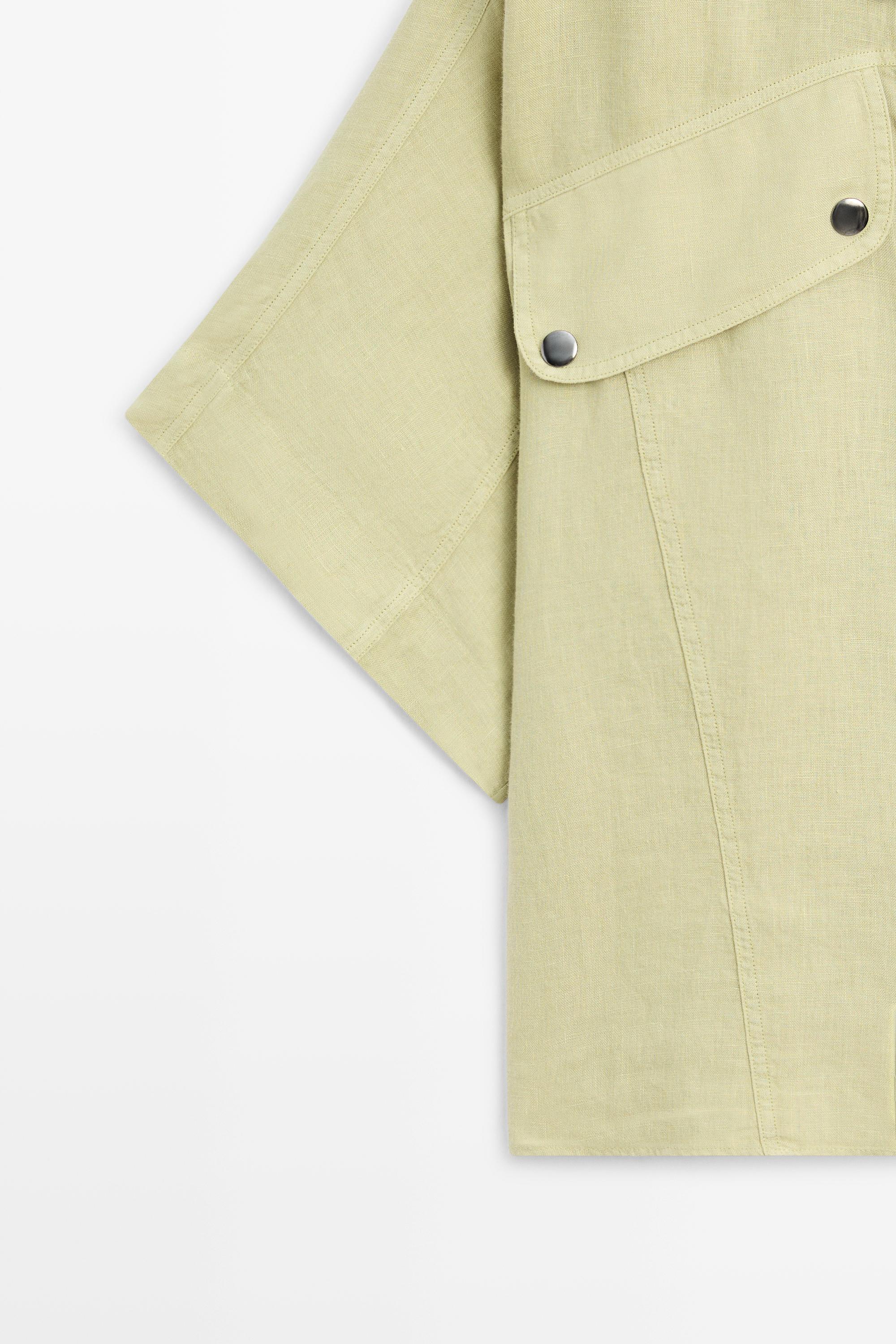 Short sleeve linen snap button shirt — LIME