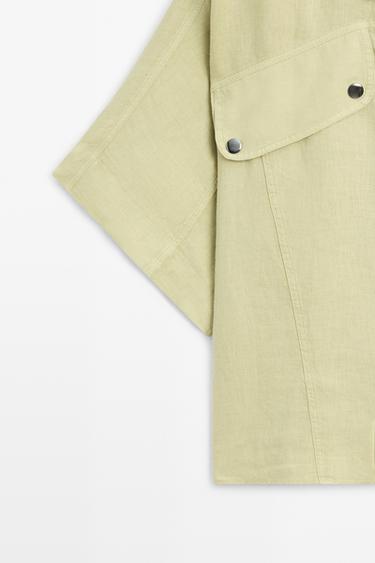 Short sleeve linen snap button shirt — LIME 7