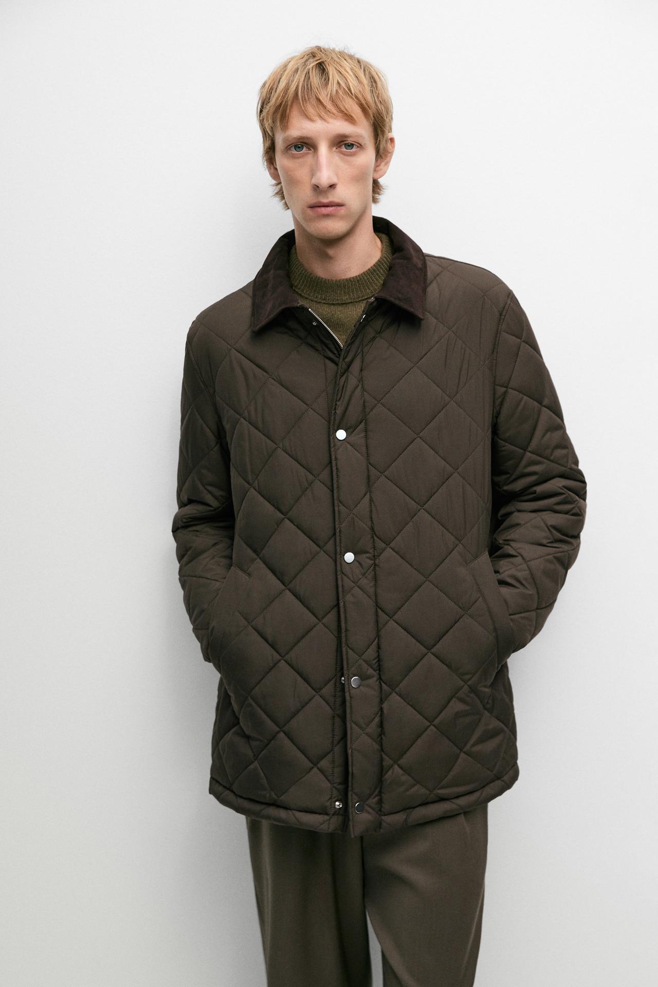 Long quilted jacket with corduroy collar — BROWN MARL