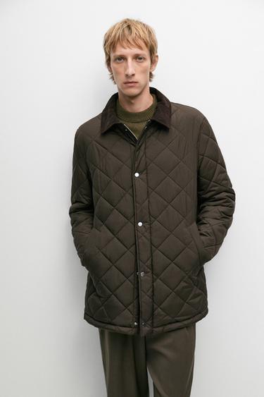 Long quilted jacket with corduroy collar — BROWN MARL 3