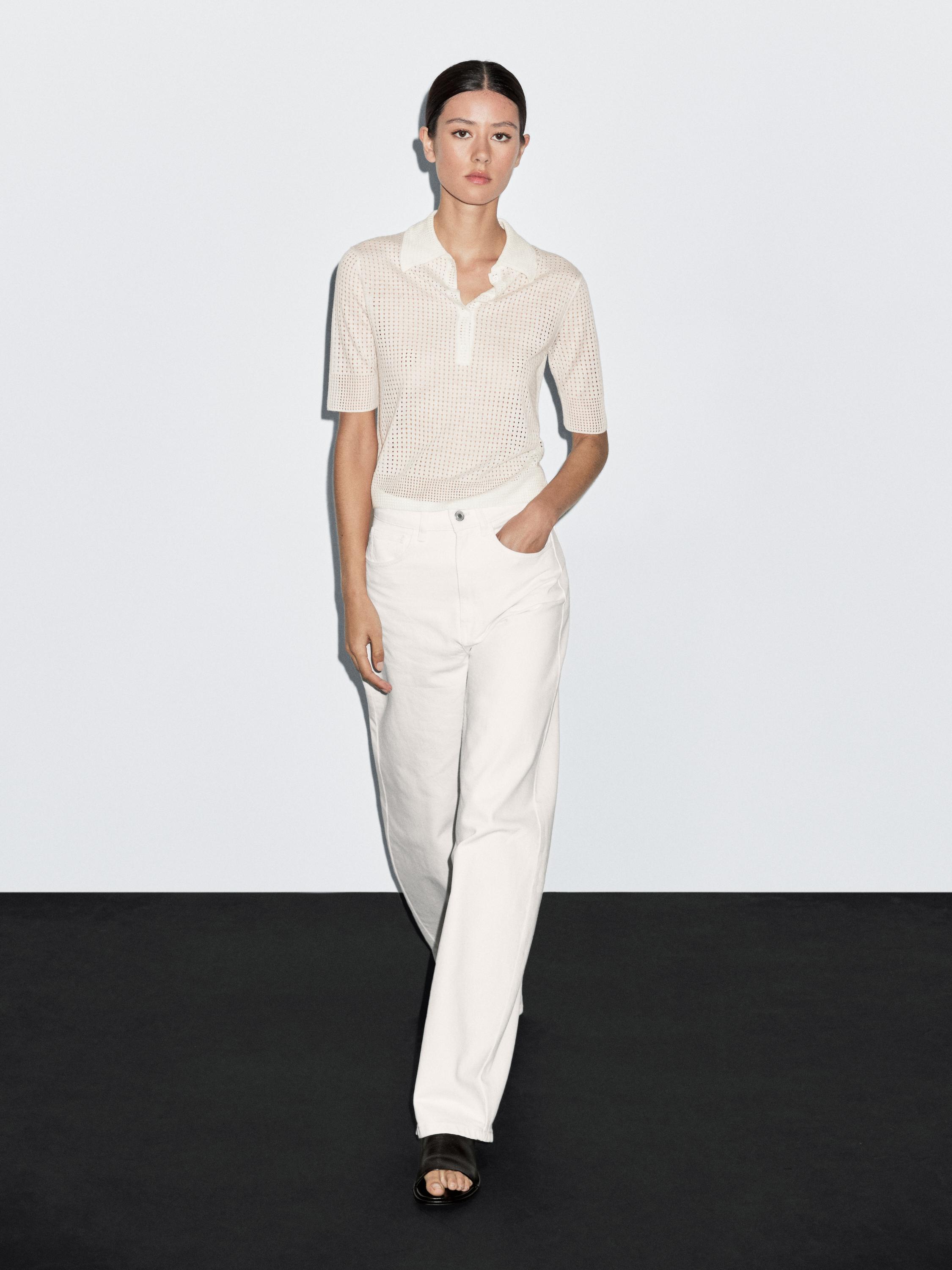 Open knit sweater with polo collar CREAM