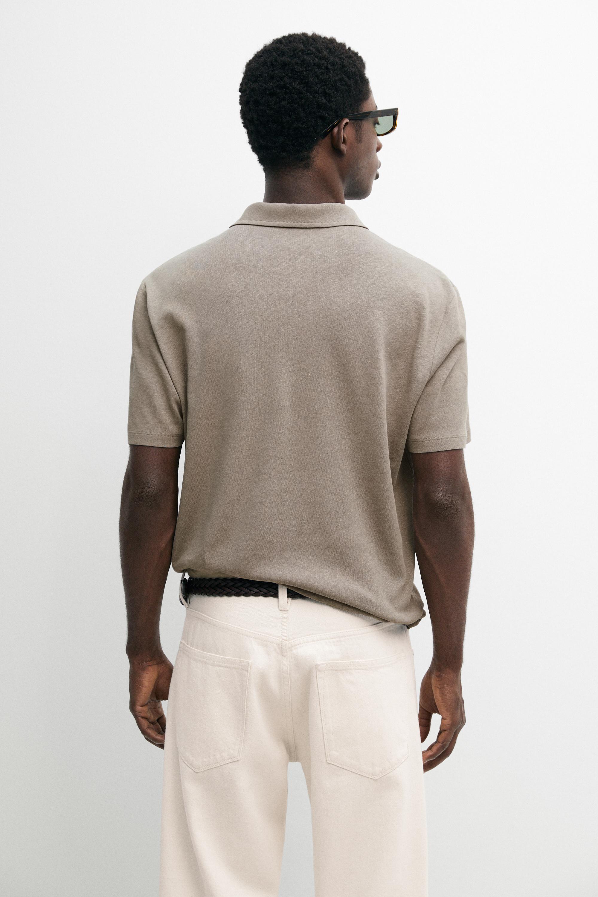 Linen and cotton short sleeve polo shirt — MOLE BROWN