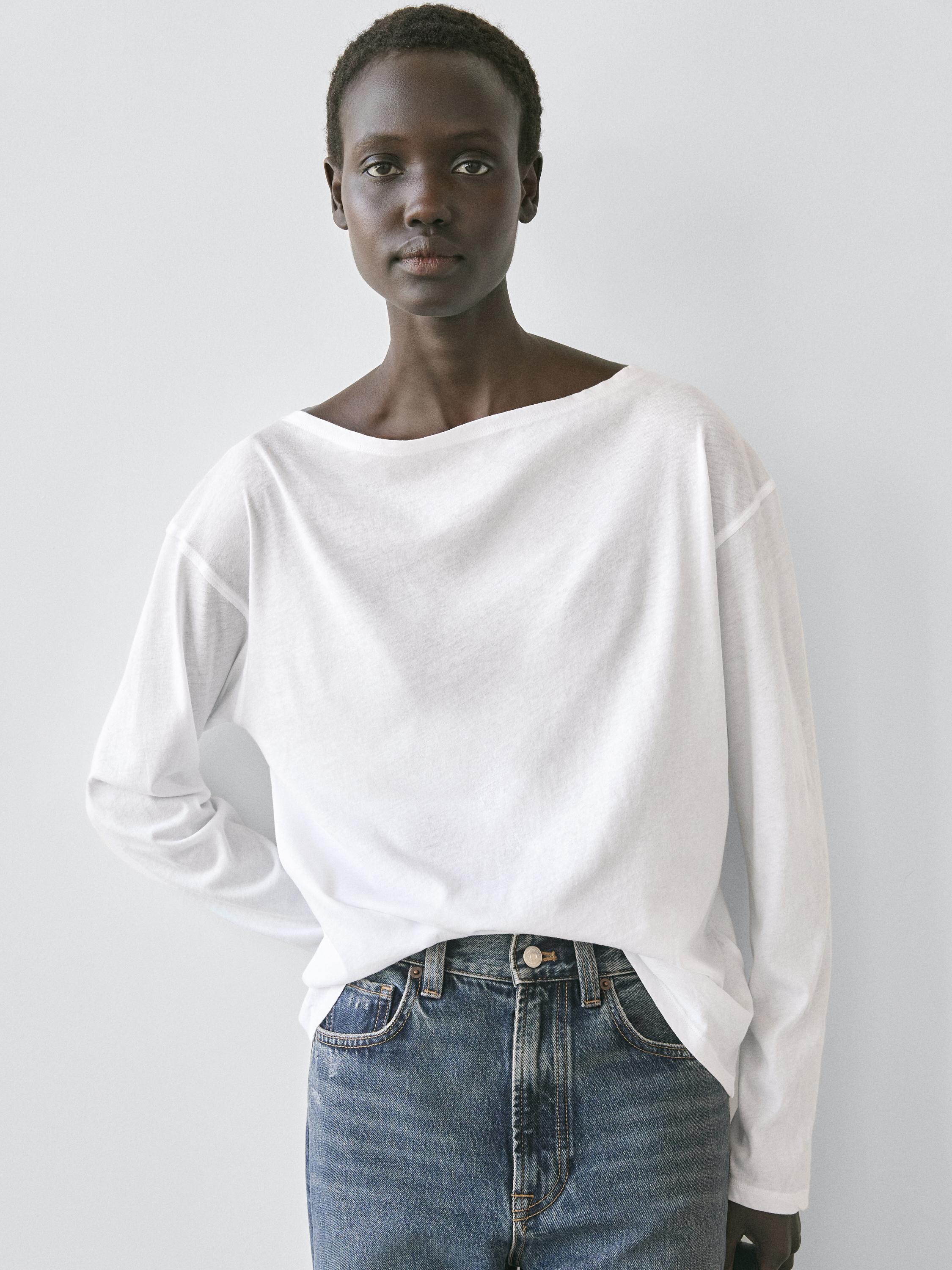 100% cotton boat neck T-shirt — WHITE