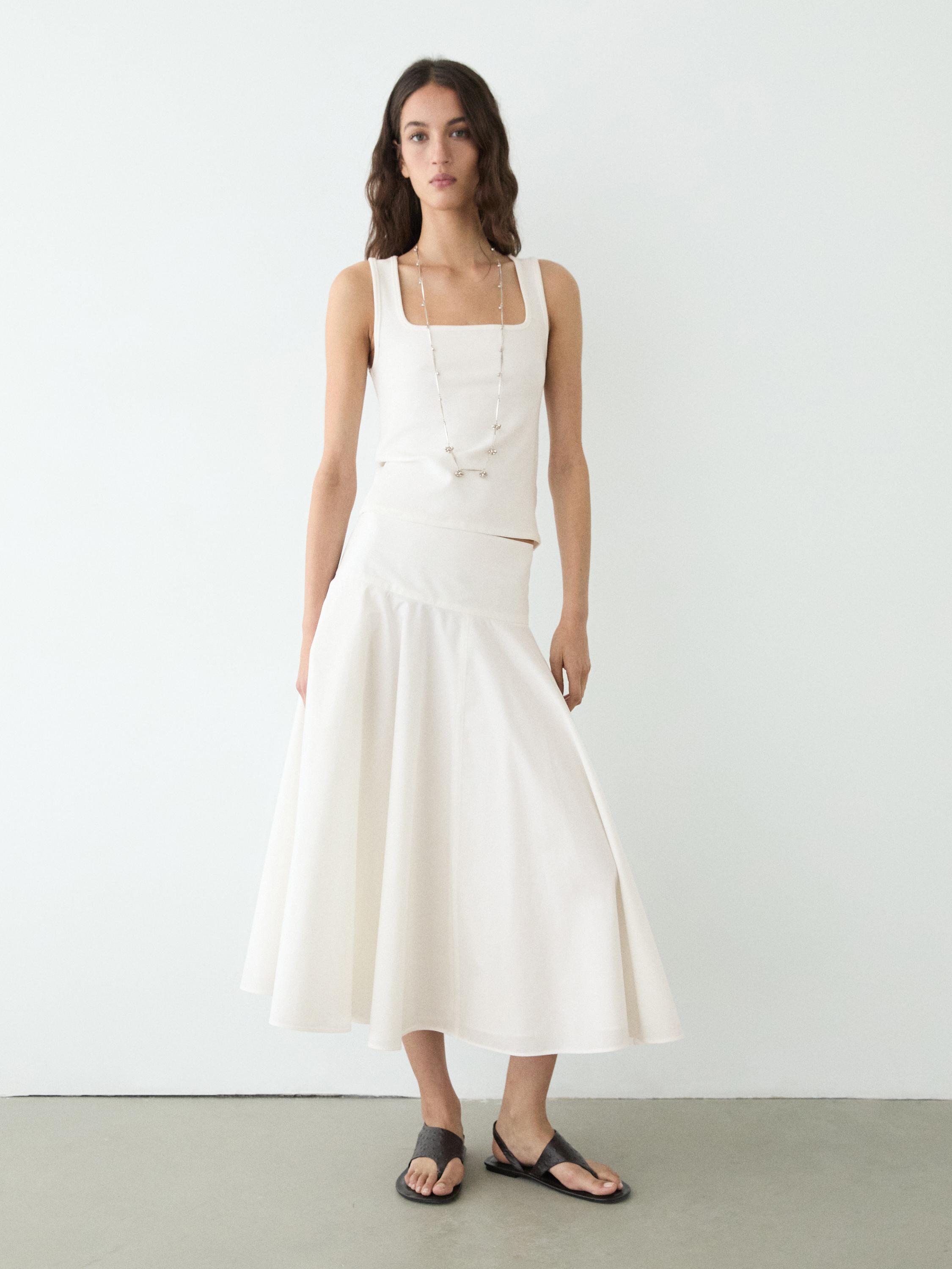 100% cotton midi skirt with yoke detail — WHITE