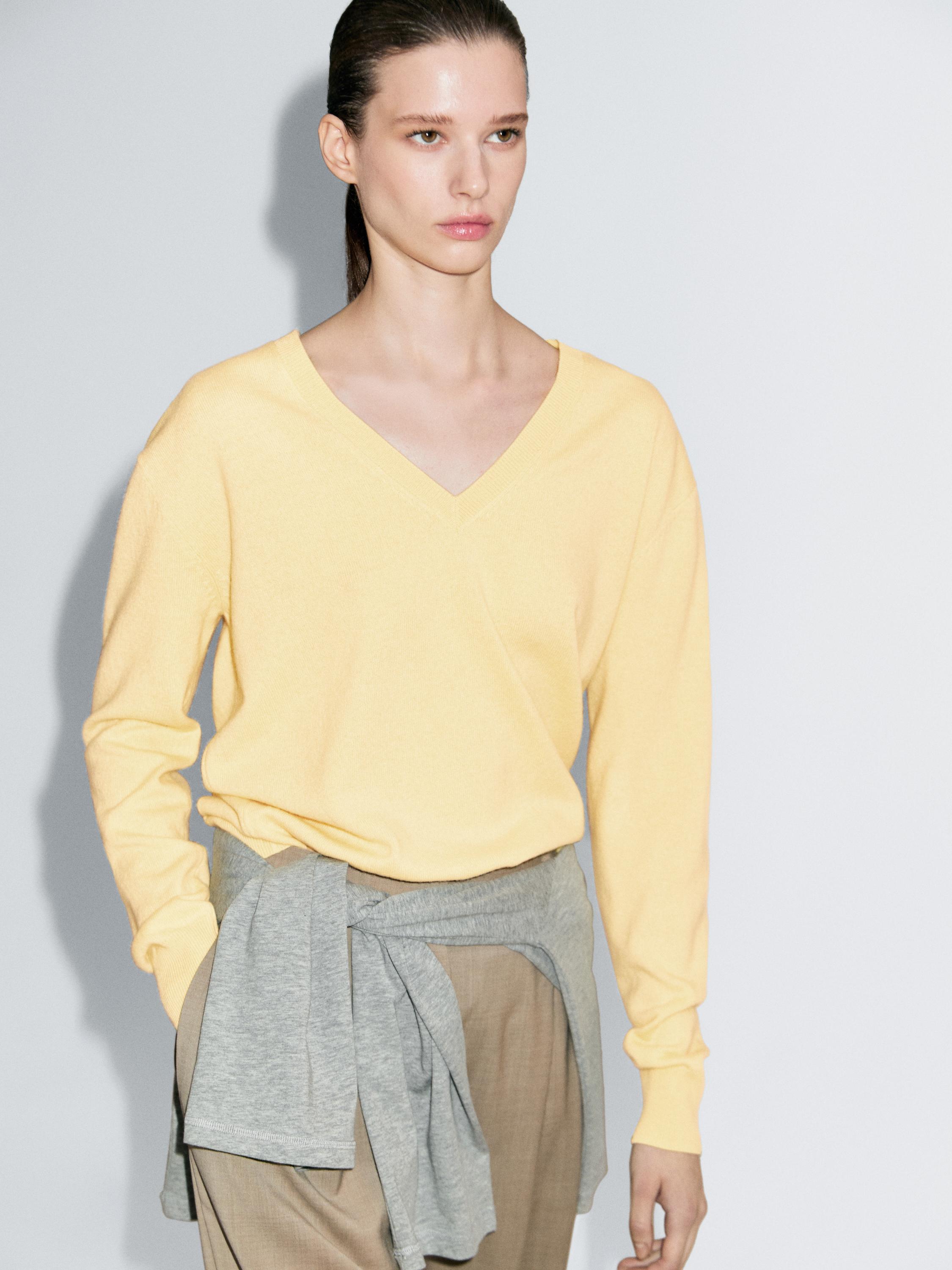 Wool blend deep V-neck knit sweater