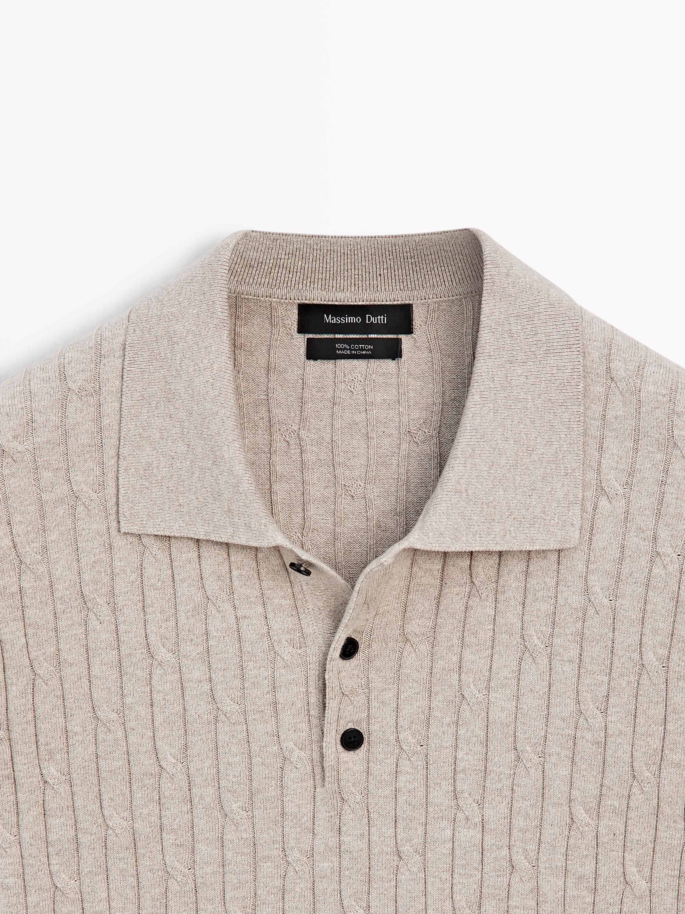 Cotton blend cable-knit polo sweater — BEIGE
