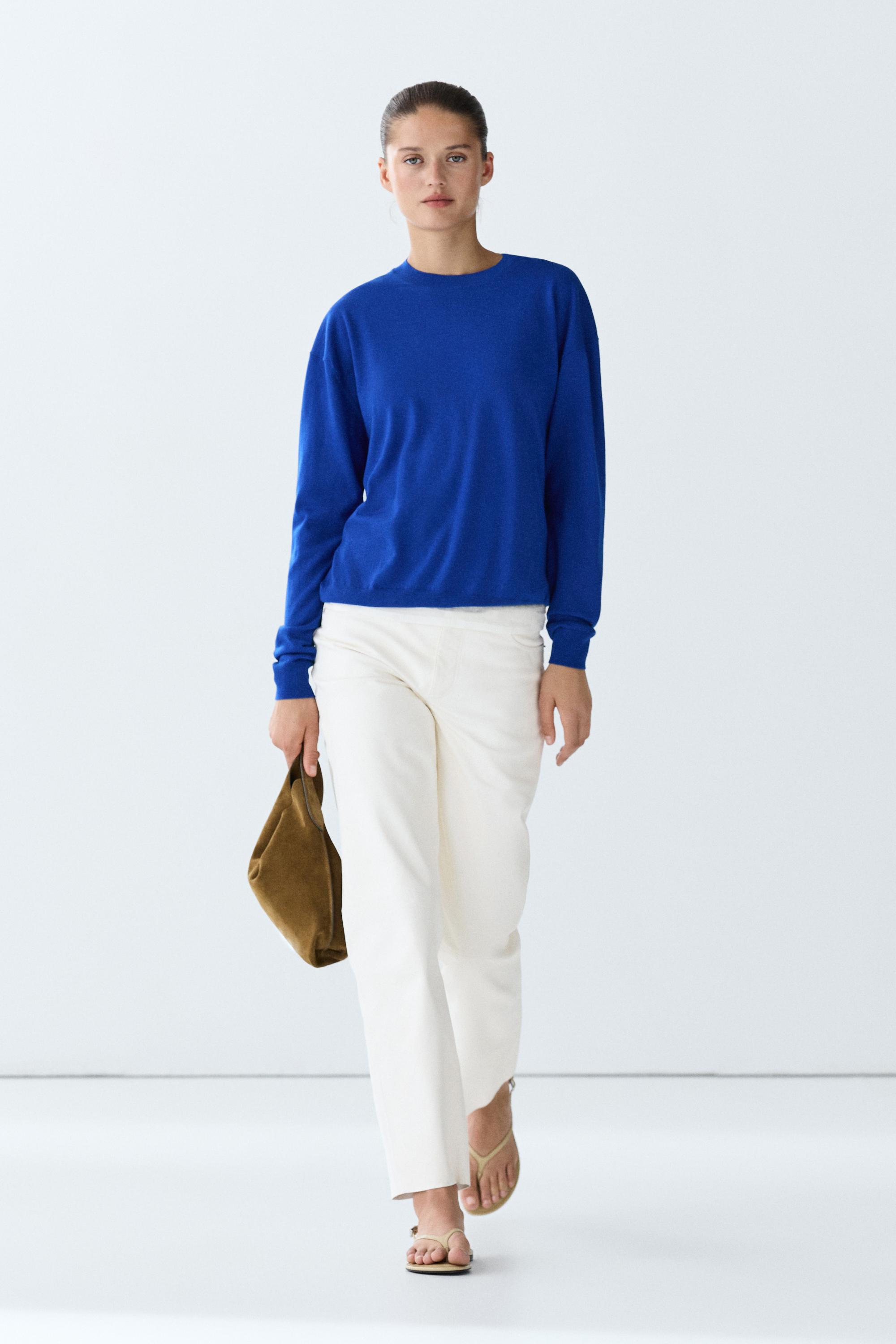 Fine knit round neck sweater — DEEP BLUE