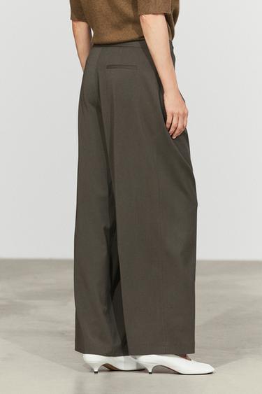 Flowing wide-leg pants with pleats — Greyish green 8