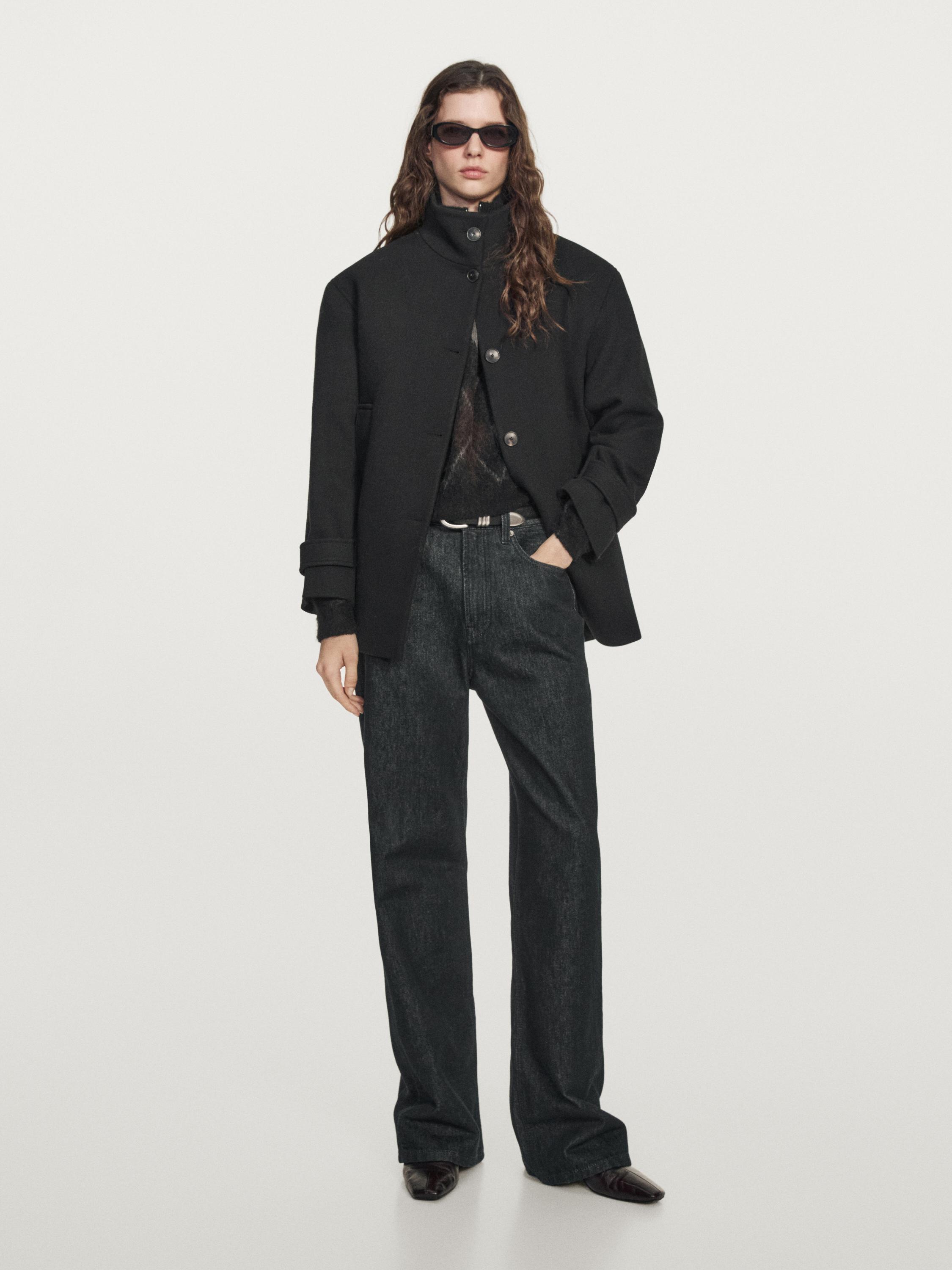 Wool blend high neck coat with button fastening — BLACK