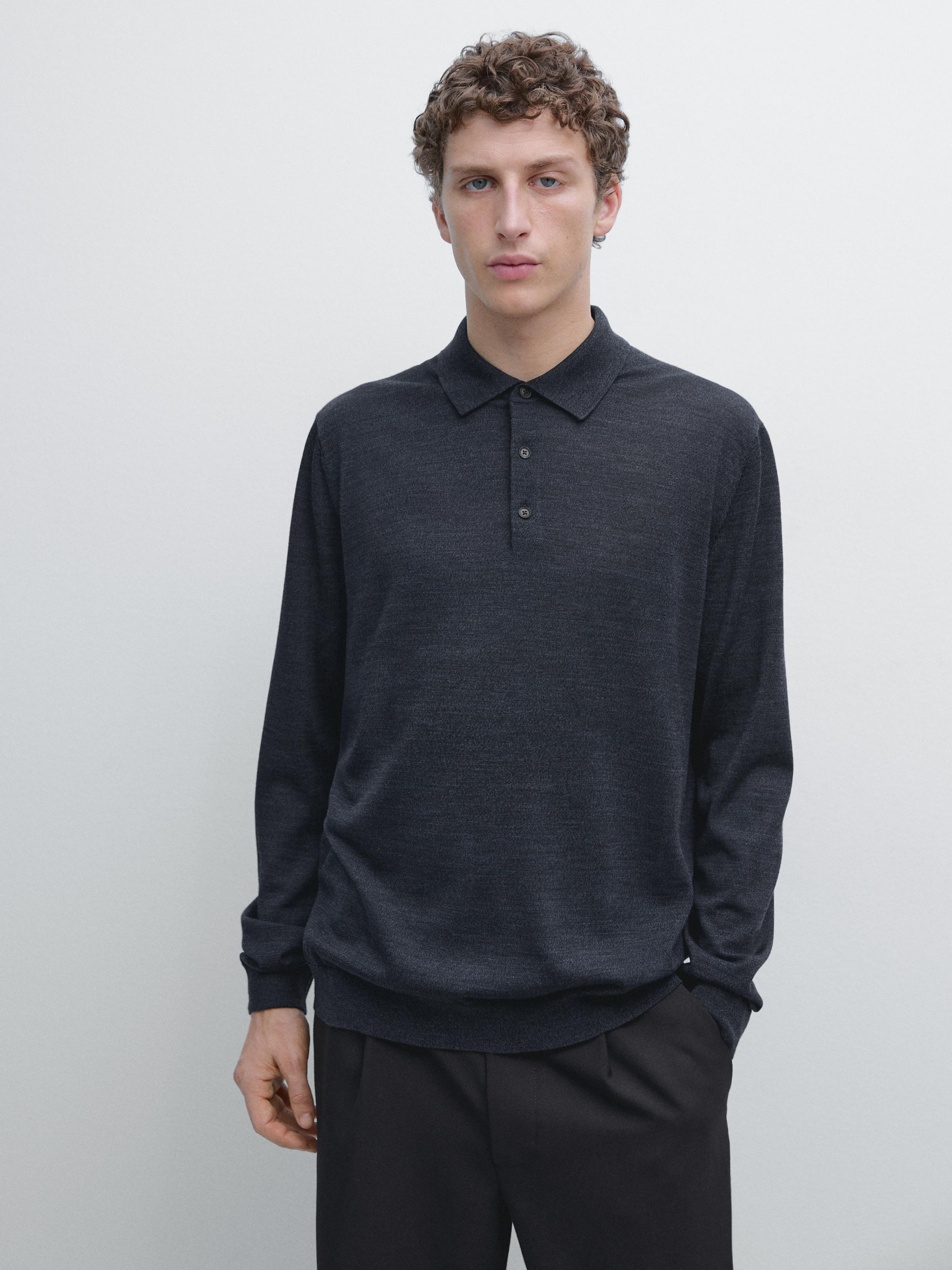 100% wool knit sweater with polo collar — DARK NAVY