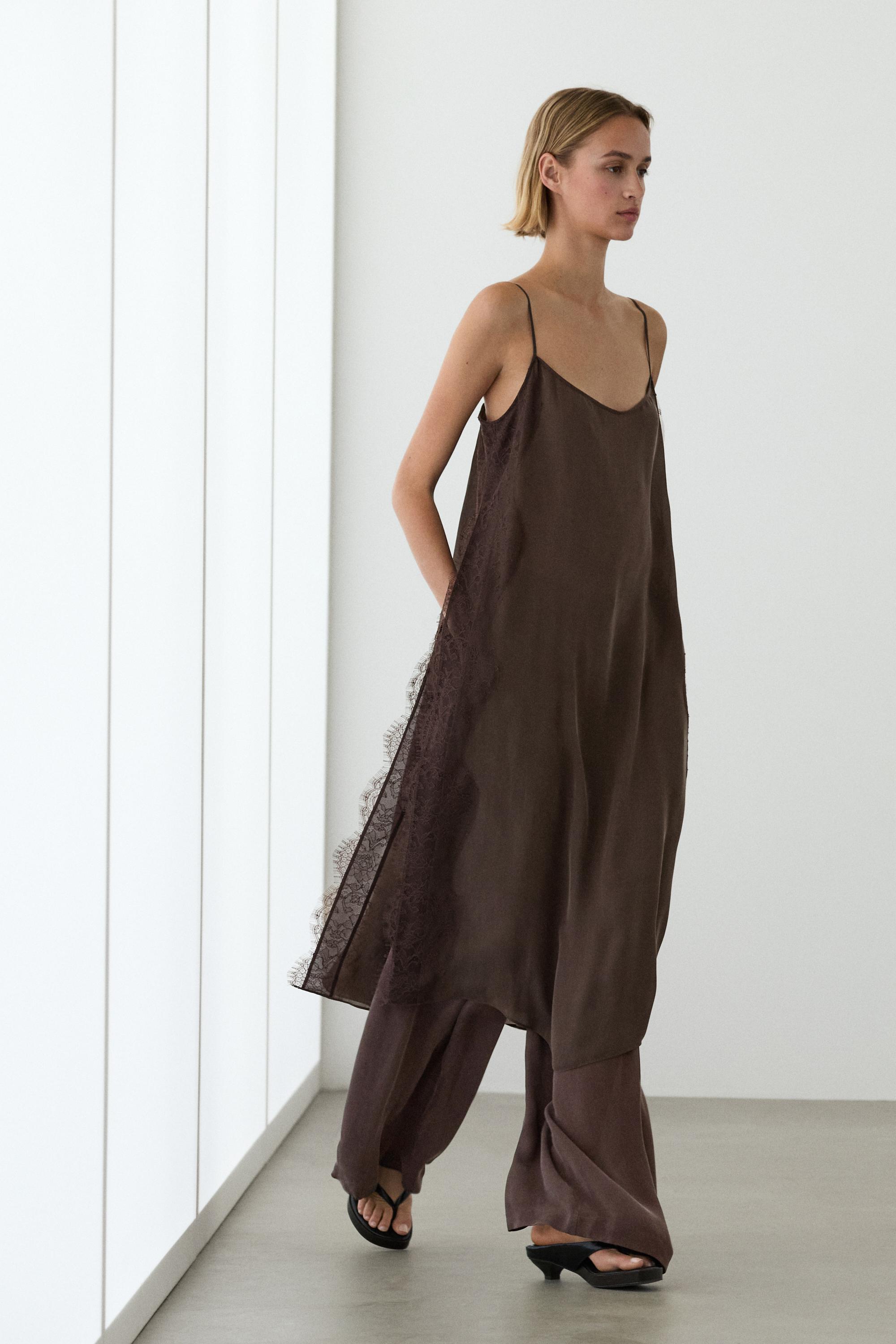 Total look camisole dress with lace detail — Chocolate