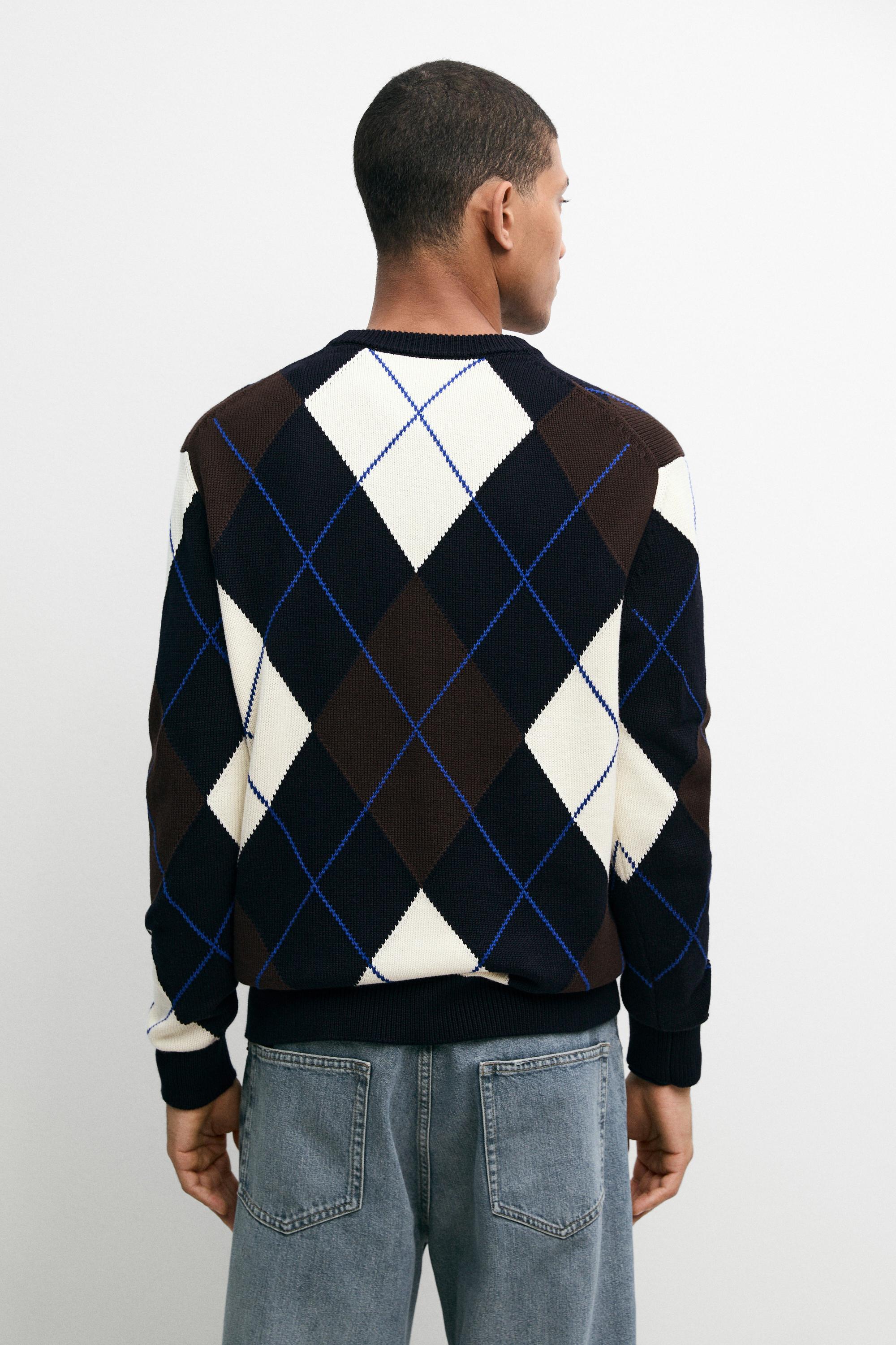 100% Cotton Argyle Knit Sweater — NAVY BLUE
