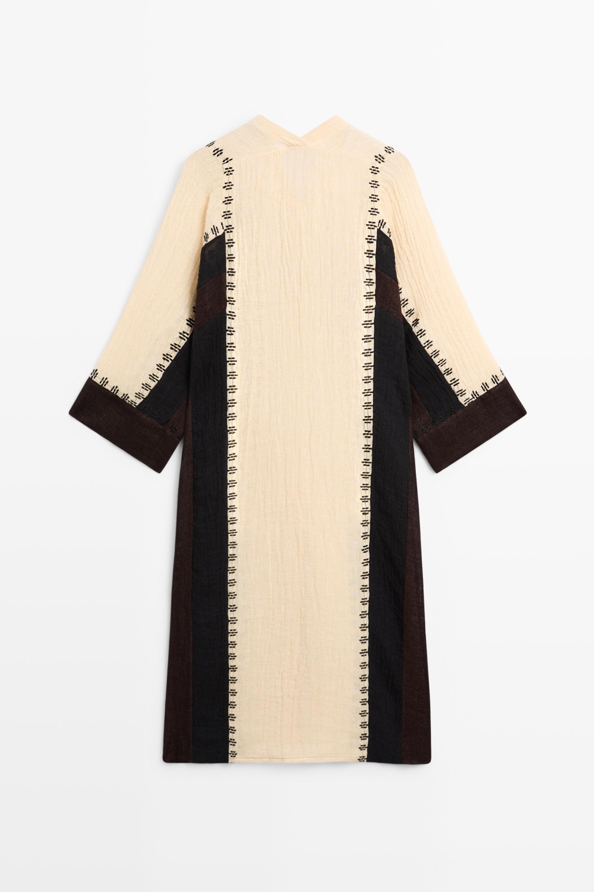 Linen blend embroidered kaftan dress — BROWN