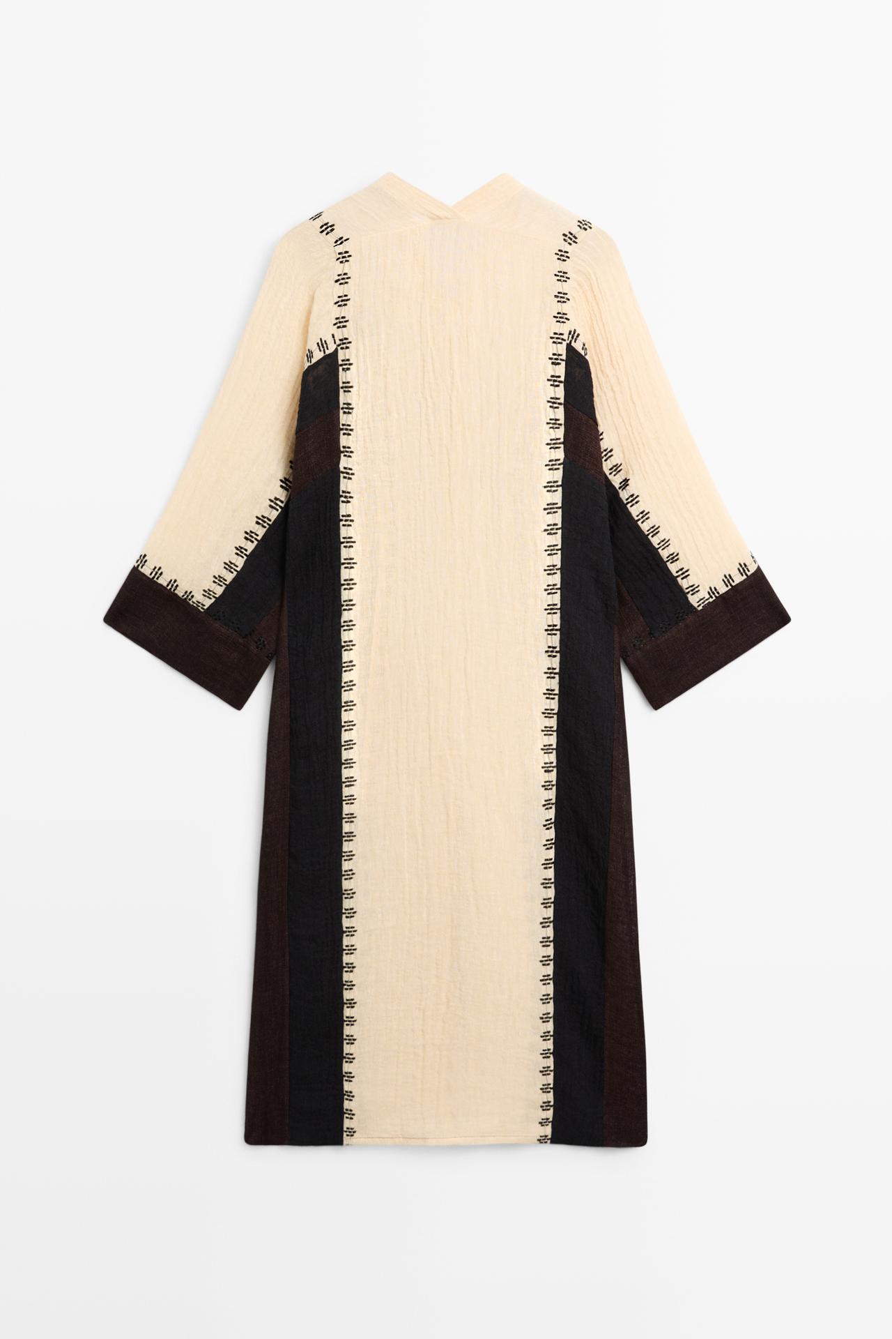 Linen blend embroidered kaftan dress — BROWN