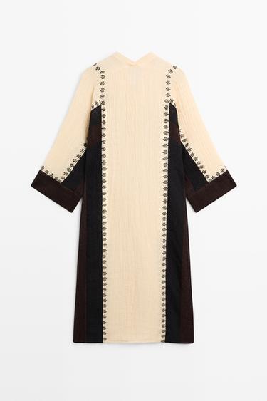 Linen blend embroidered kaftan dress — BROWN 6