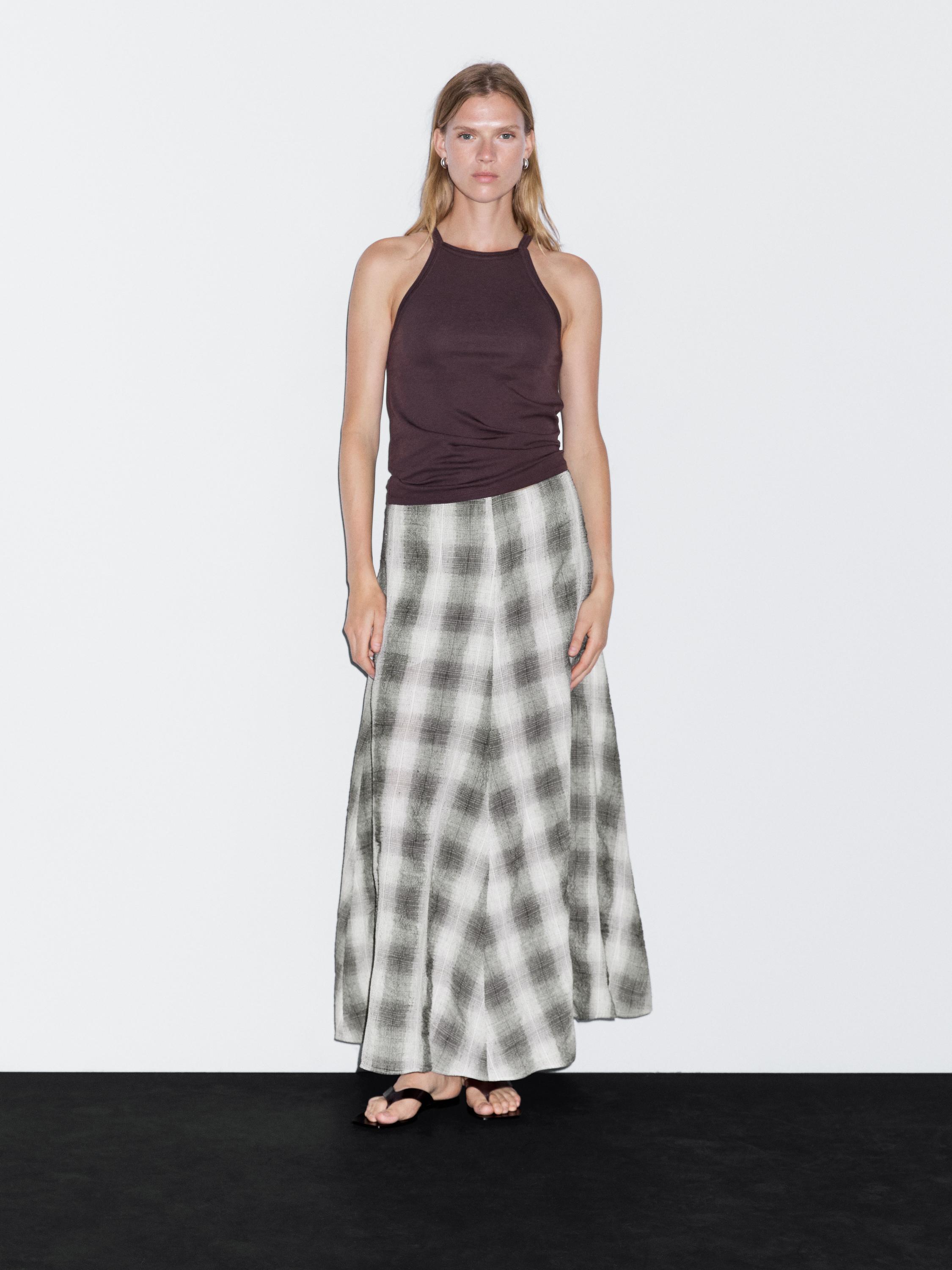 Long flared check skirt