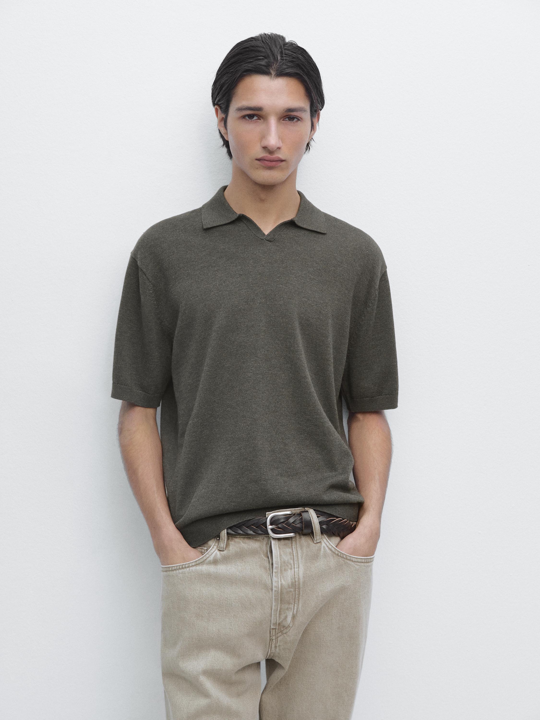 Cotton blend knit polo sweater — Grey