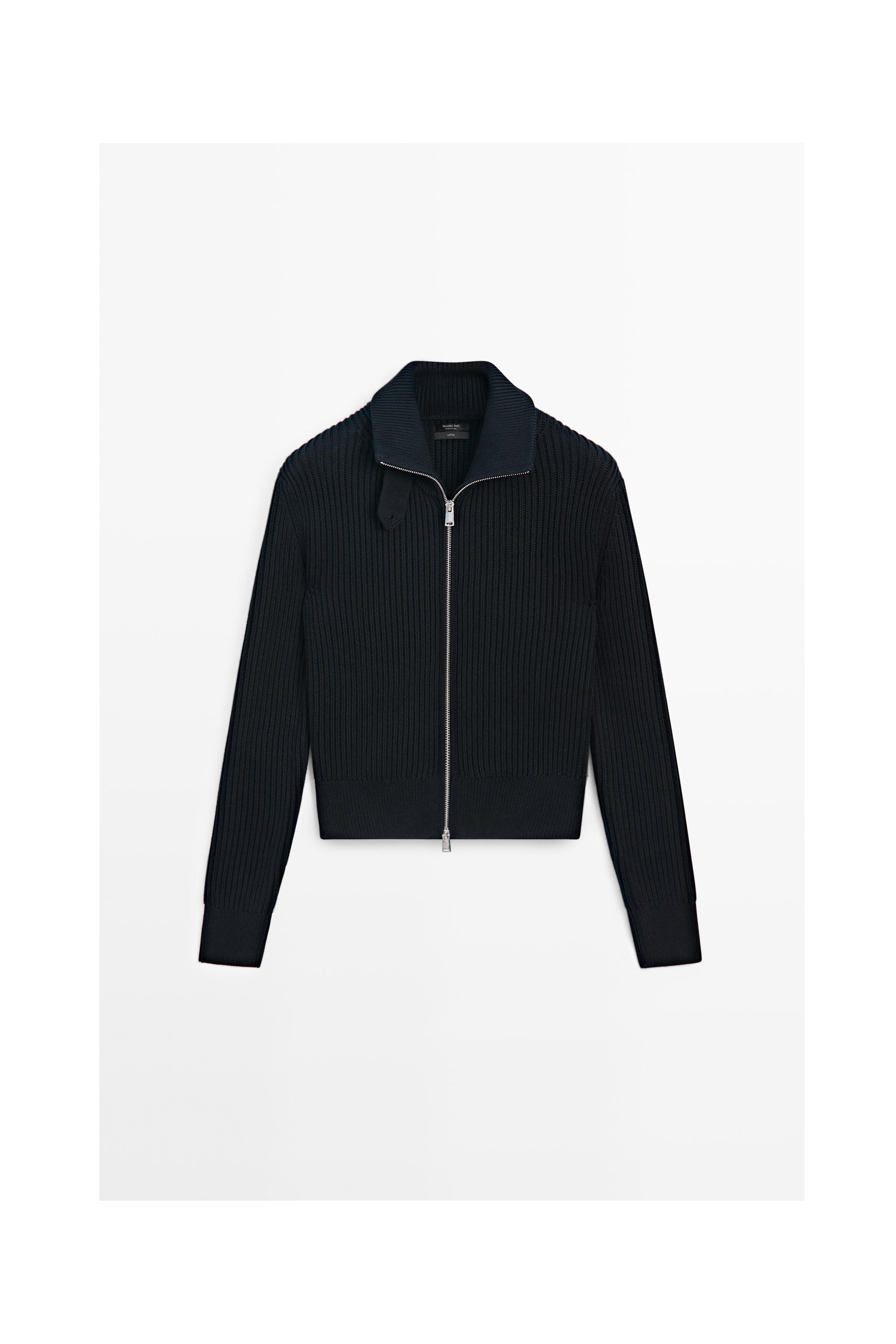 100% cotton knit cardigan with high neck detail — NAVY BLUE