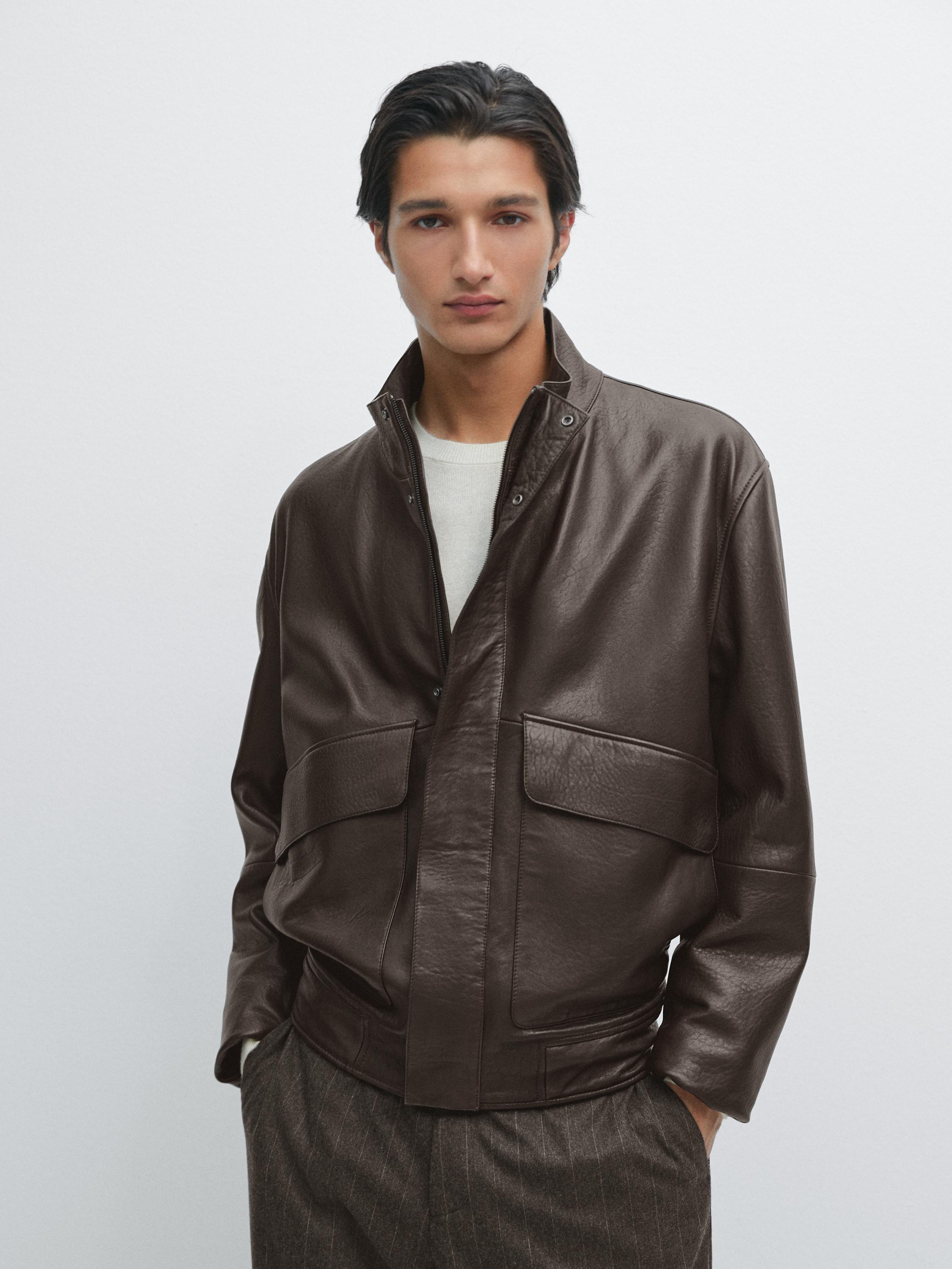 Nappa leather jacket with pockets BROWN