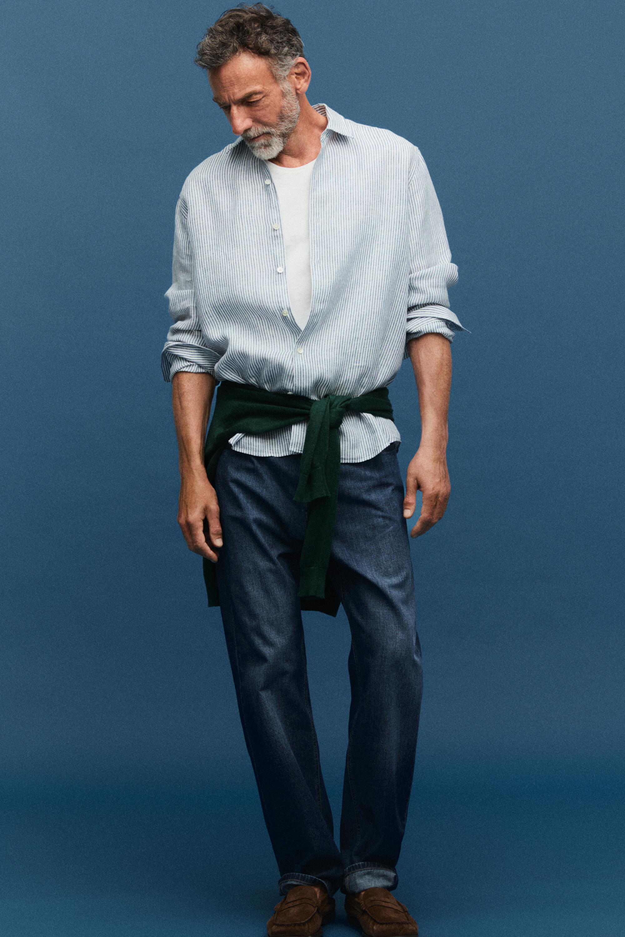 Striped slim fit linen shirt — BLUE