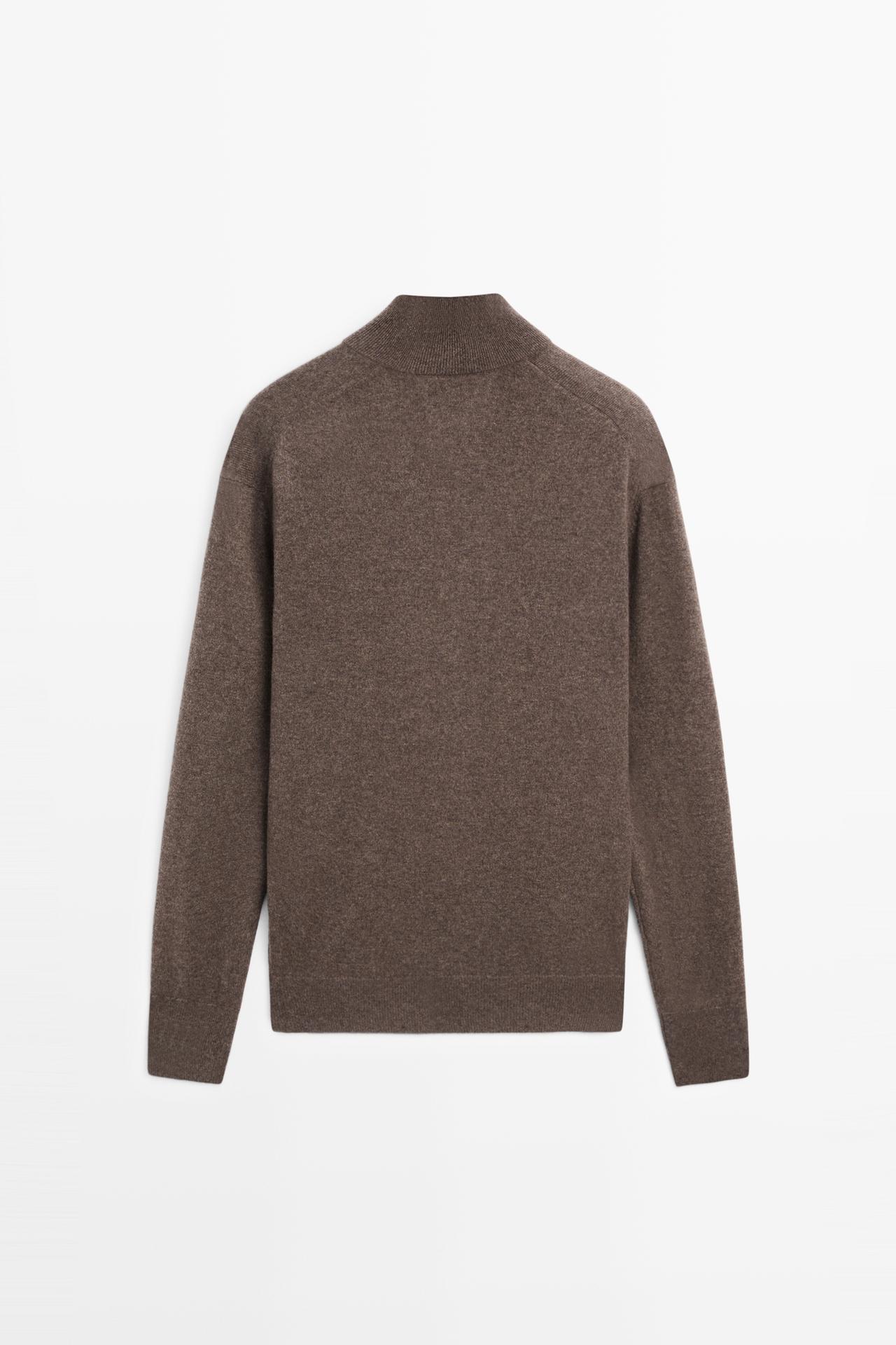 100% cashmere mock V-neck knit sweater — MOCHA