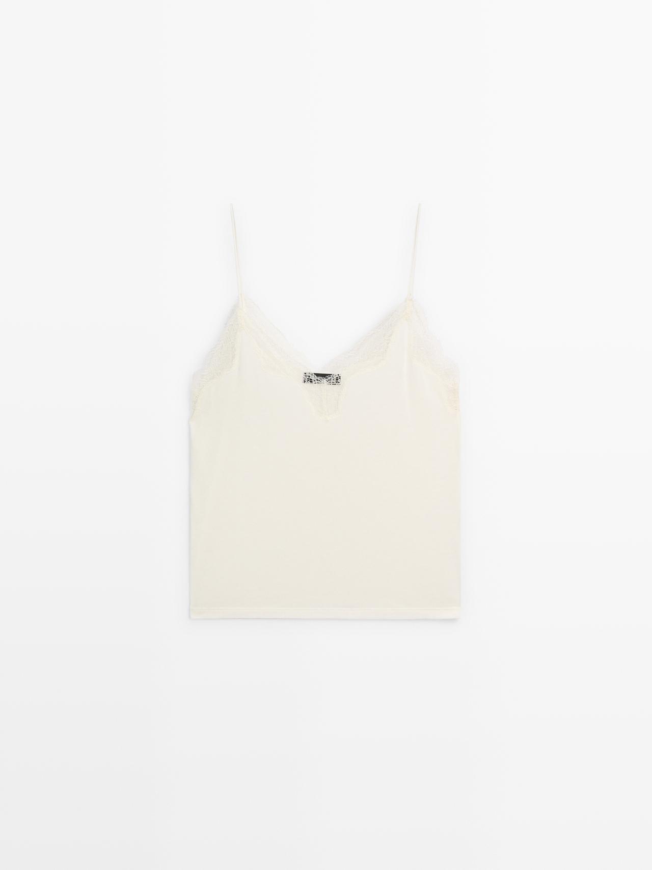 Massimo Dutti - Dames - Lingerietopje Met Kant - Geel - M