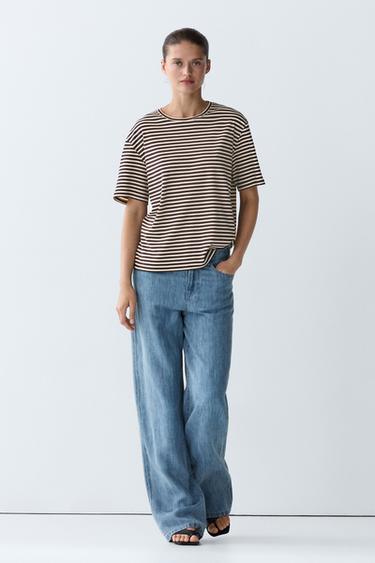 100% cotton striped short sleeve T-shirt — BROWN 1