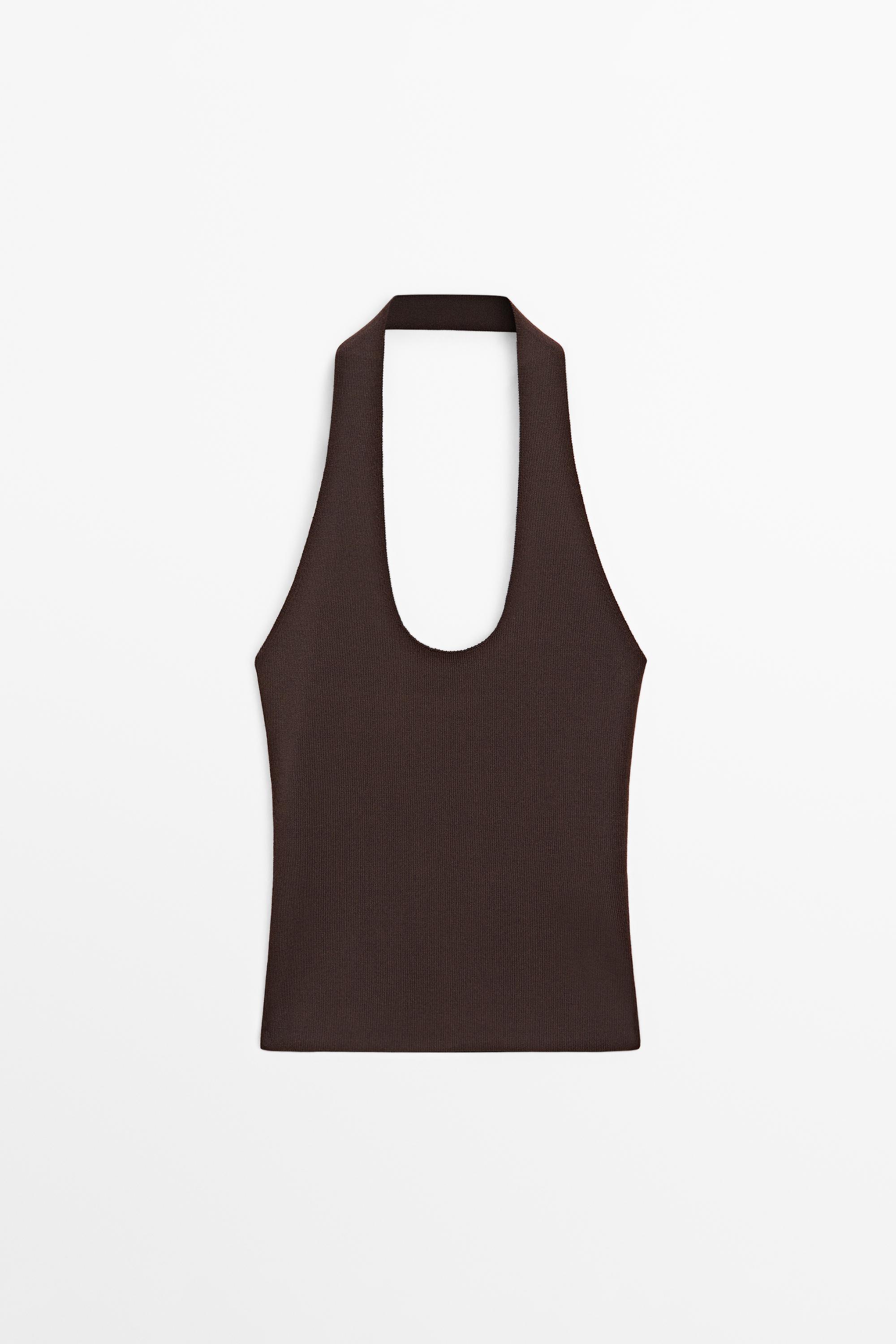 Cotton blend V-neck top — BROWN