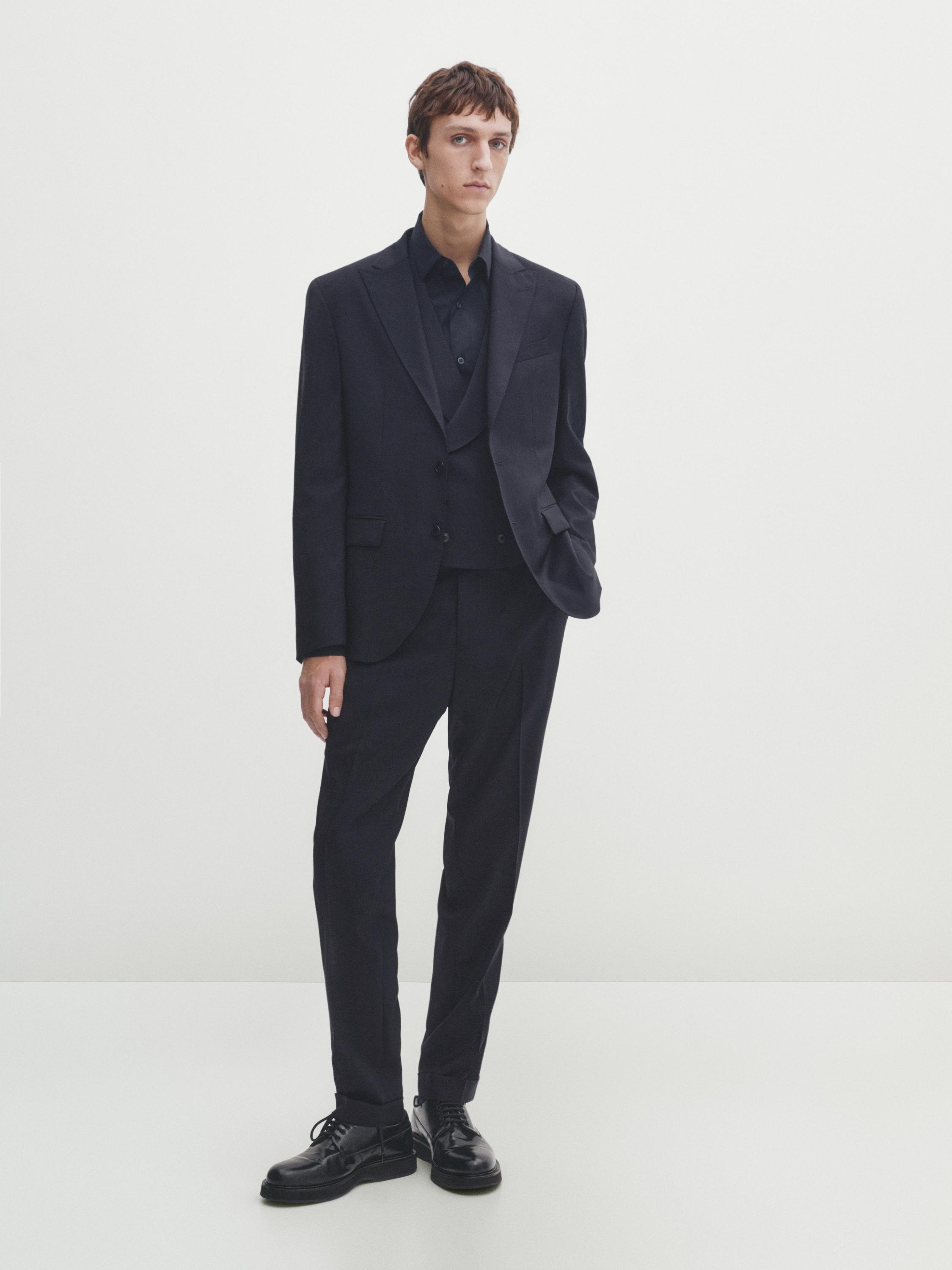 Gilet de costume uni bleu en laine mélangée