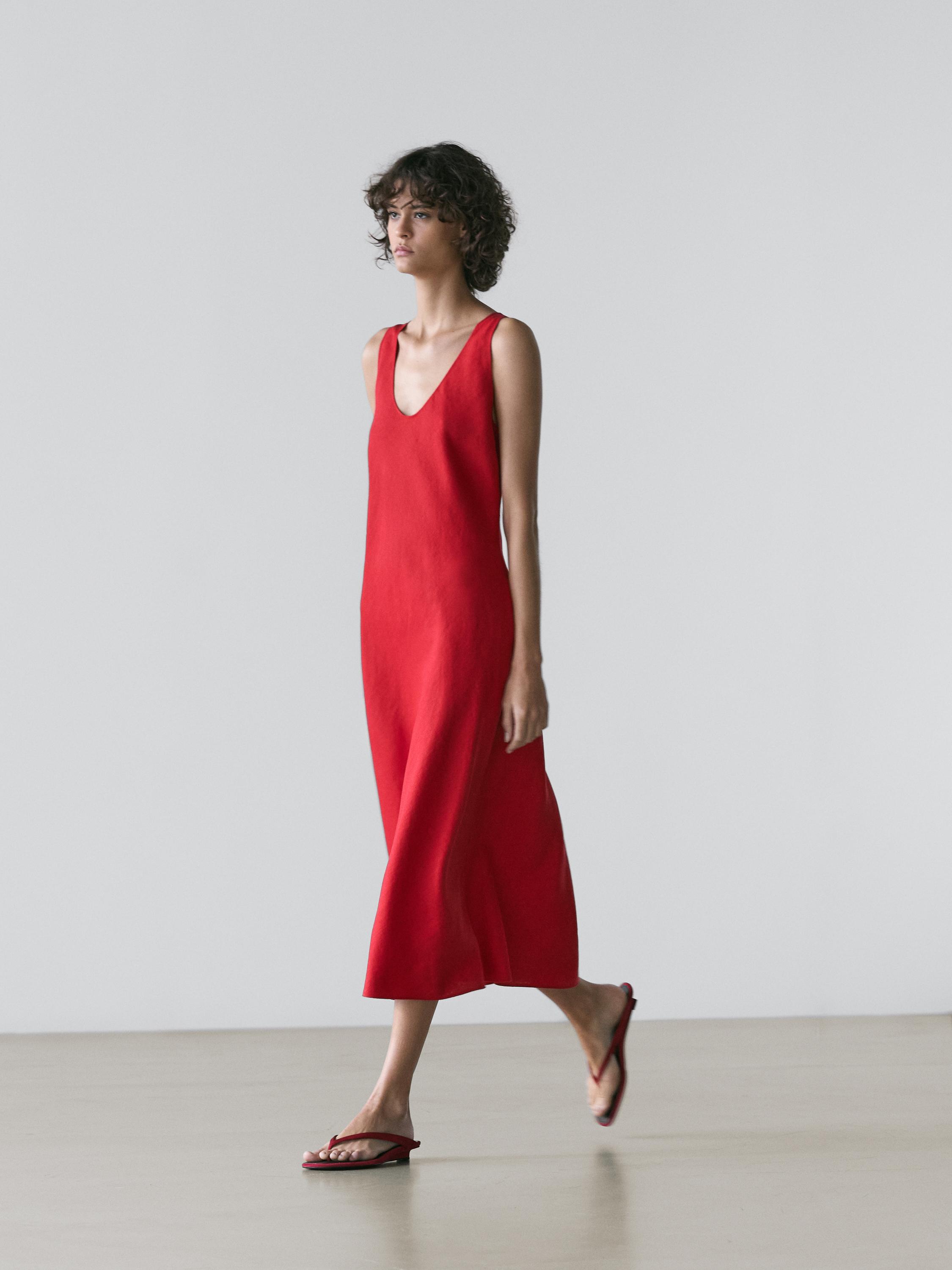 100% linen strappy midi dress - RED