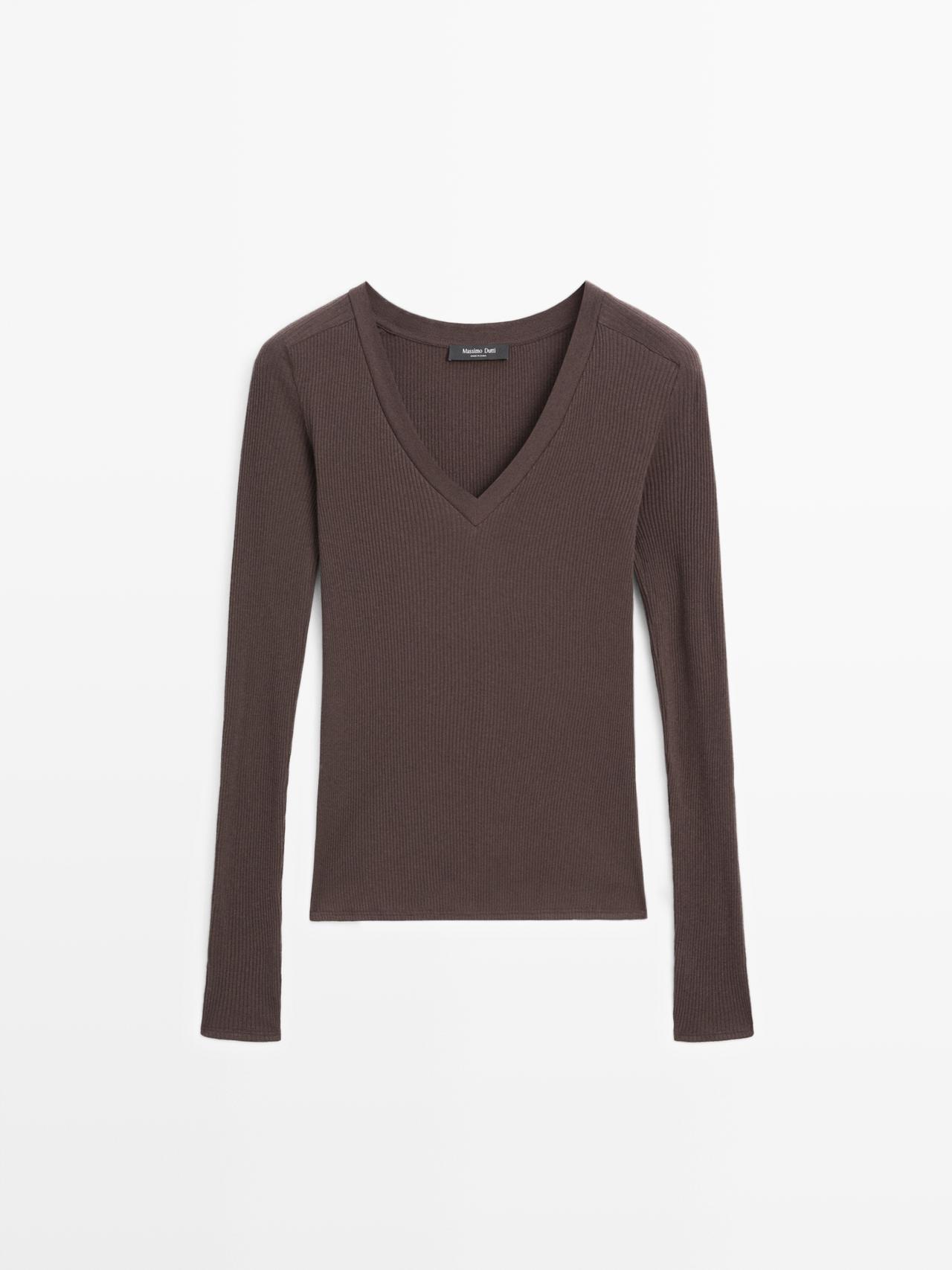 Massimo Dutti - Dame - T-Shirt I Rib Med V-Udskæring Og Lange Ærmer - Brun - M