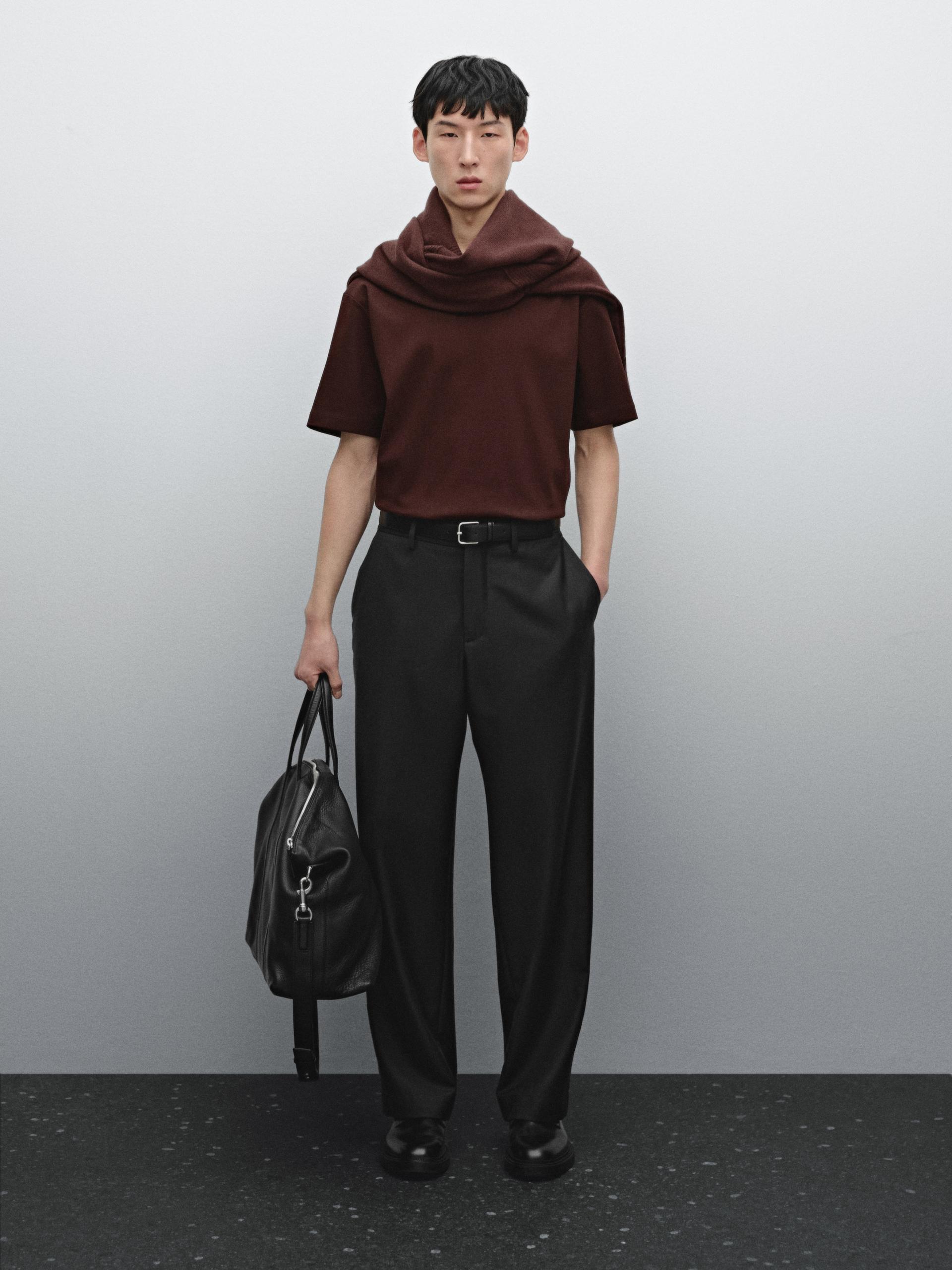 Maglietta Con Dettaglio A Coste 100% Cotone - Cioccolato - Xl - Massimo Dutti - Maschile